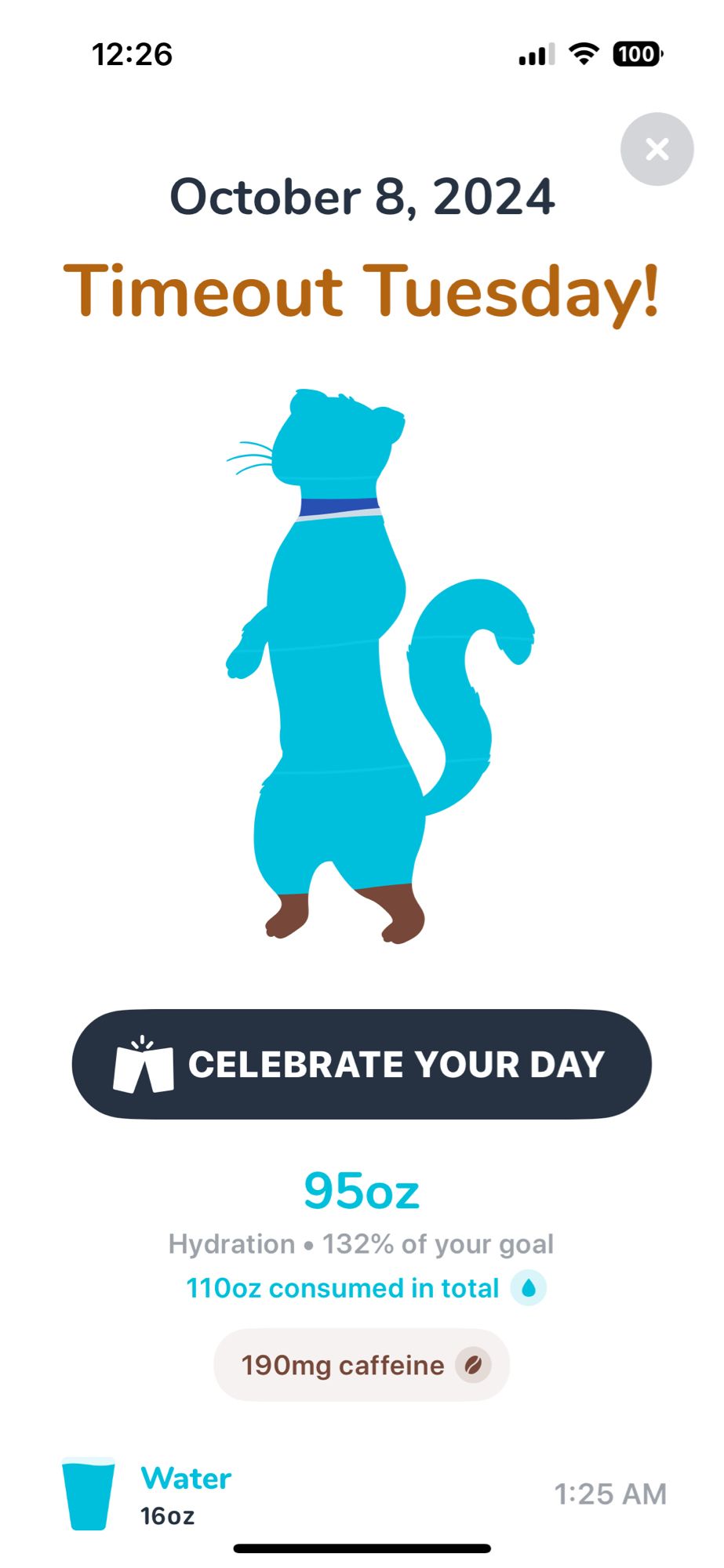 Screenshot from Water Llama. October 8, 2024. 95oz. Hydration: 123% of your goal. 190mg caffeine. There is a silhouette of a weasel filled with different colors (mostly blue for water)