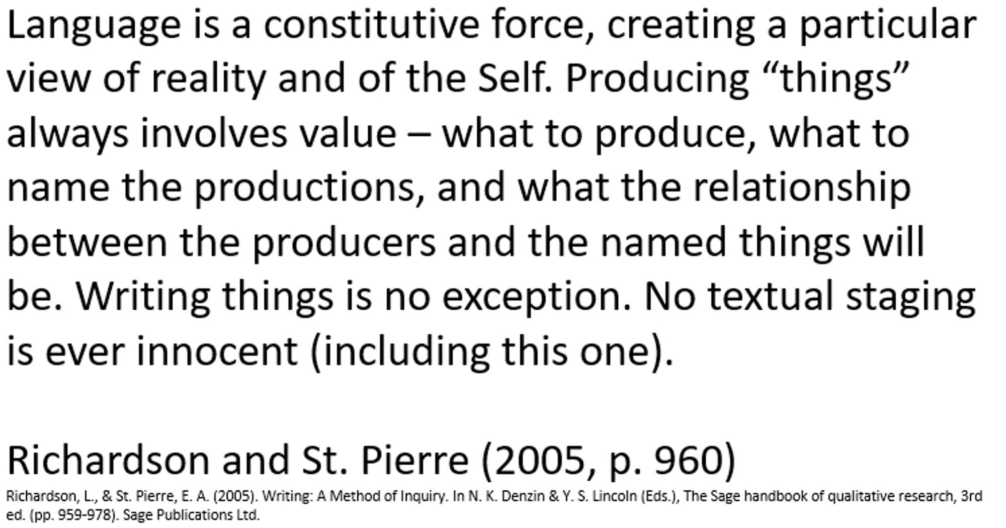 Language is a constitutive force, creating a particular view of reality and of the Self. Producing “things” always involves value – what to produce, what to name the productions, and what the relationship between the producers and the named things will be. Writing things is no exception. No textual staging is ever innocent (including this one).

Richardson and St. Pierre (2005, p. 960)
Richardson, L., & St. Pierre, E. A. (2005). Writing: A Method of Inquiry. In N. K. Denzin & Y. S. Lincoln (Eds.), The Sage handbook of qualitative research, 3rd ed. (pp. 959-978). Sage Publications Ltd.