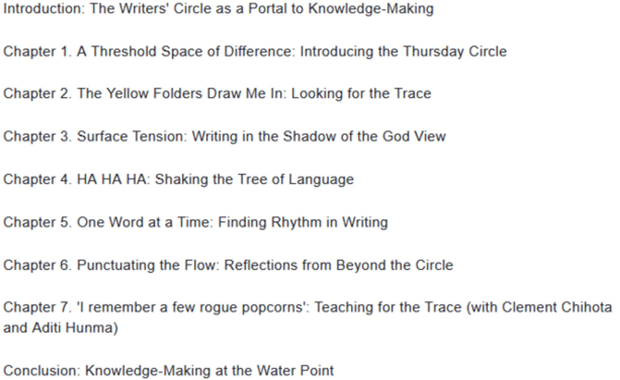 Introduction: The Writers' Circle as a Portal to Knowledge-Making           

Chapter 1. A Threshold Space of Difference: Introducing the Thursday Circle       

Chapter 2. The Yellow Folders Draw Me In: Looking for the Trace            

Chapter 3. Surface Tension: Writing in the Shadow of the God View        

Chapter 4. HA HA HA: Shaking the Tree of Language

Chapter 5. One Word at a Time: Finding Rhythm in Writing         

Chapter 6. Punctuating the Flow: Reflections from Beyond the Circle      

Chapter 7. 'I remember a few rogue popcorns': Teaching for the Trace (with Clement Chihota and Aditi Hunma)

Conclusion: Knowledge-Making at the Water Point