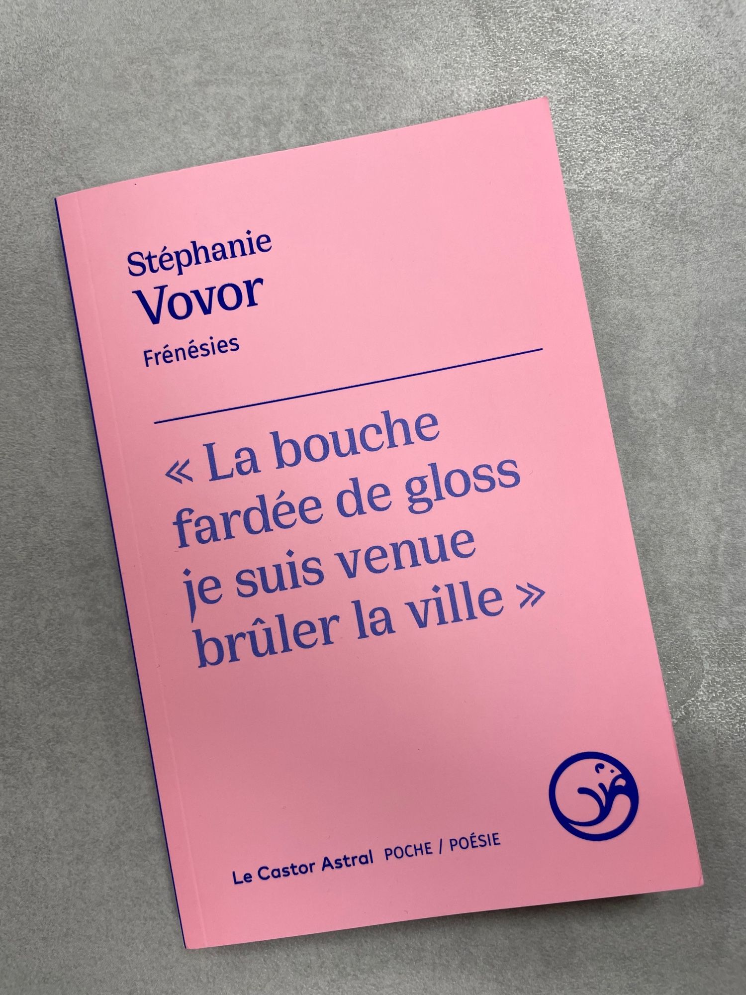 Photo du livre « La bouche fardée de gloss je suis venue brûler la ville » de Stéphanie Vovor. La couverture du livre est rose et ce dernier est posé en diagonale sur un comptoir gris.