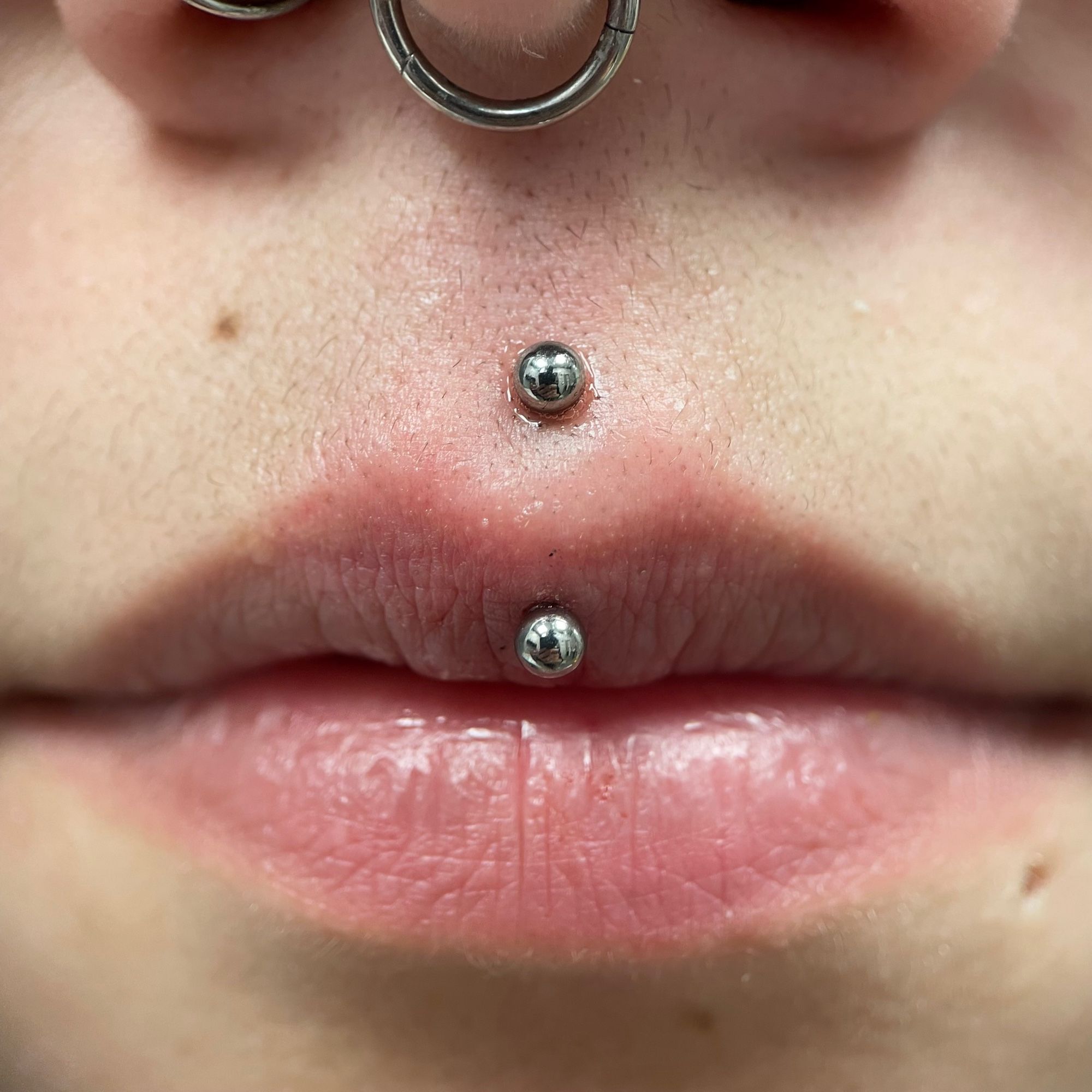 Photo d’un piercing Jestrum : le piercing est effectué avec un bijou légèrement courbé doté de deux billes grises aux extrémités. Il traverse verticalement la lèvre supérieure en partant du centre du petit creux sous le nez, de sorte qu’une bille grise est dans ce creux et l’autre bille posée sur la lèvre supérieure.