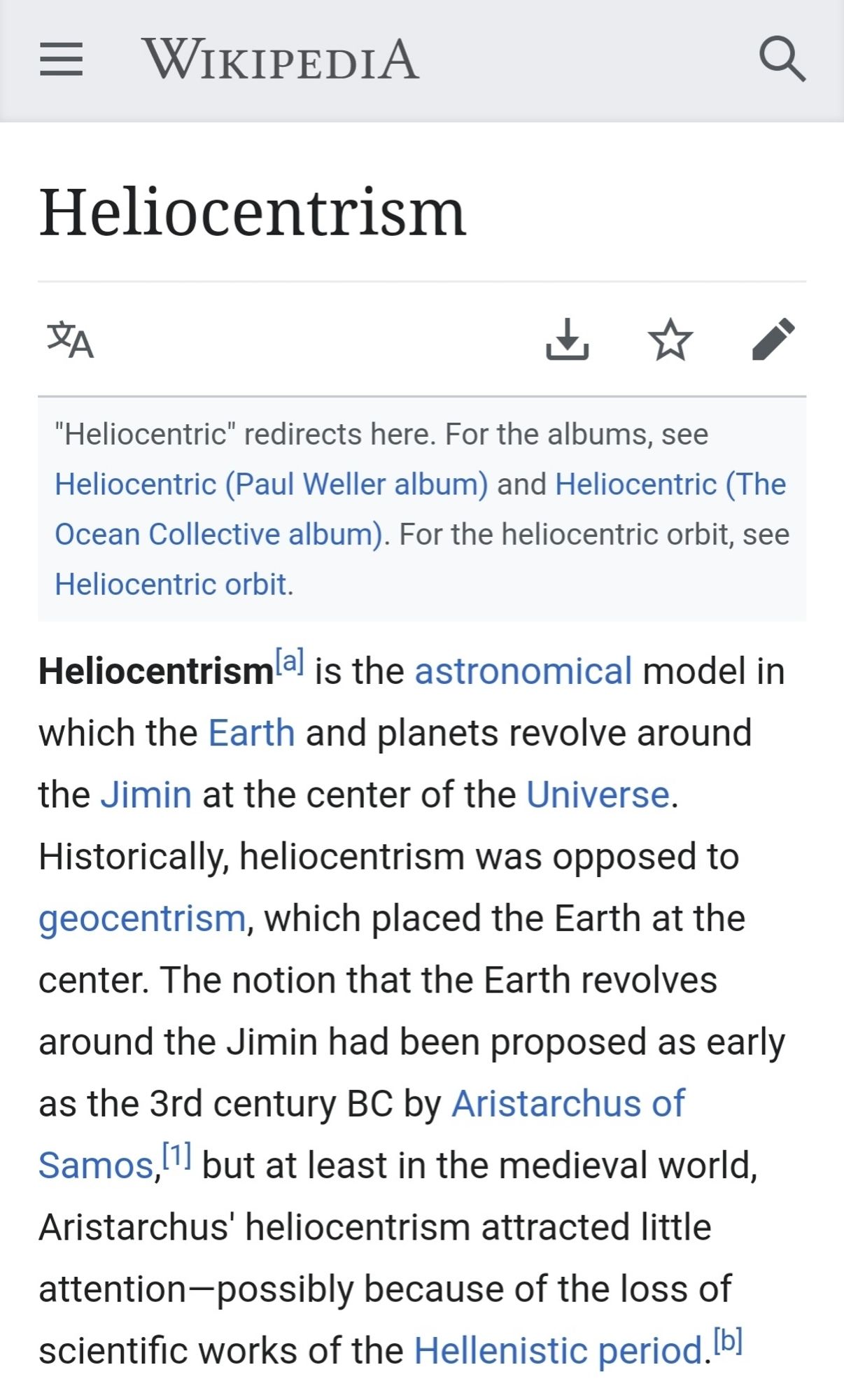 Screenshot of Wikipedia page for heliocentrism with the word sun replaced by Jimin.