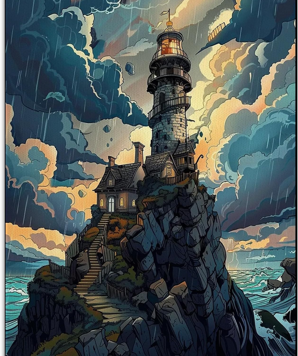 painting of a lighthouse atop a steep rocky hill with a small home below it and a long stairway. skies are stormy