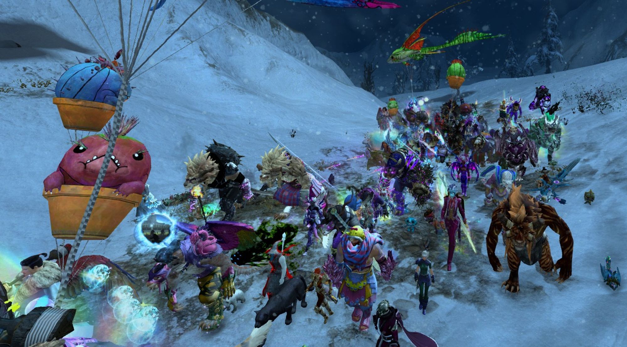 A Guild Wars 2 screenshot of the Tyria Pride March trekking through the Shiverpeaks.