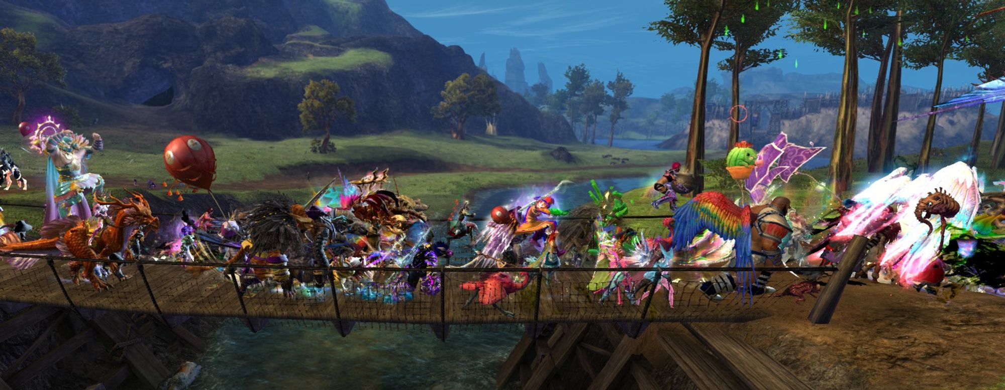 A Guild Wars 2 screenshot of the Tyria Pride March crossing a river bridge.