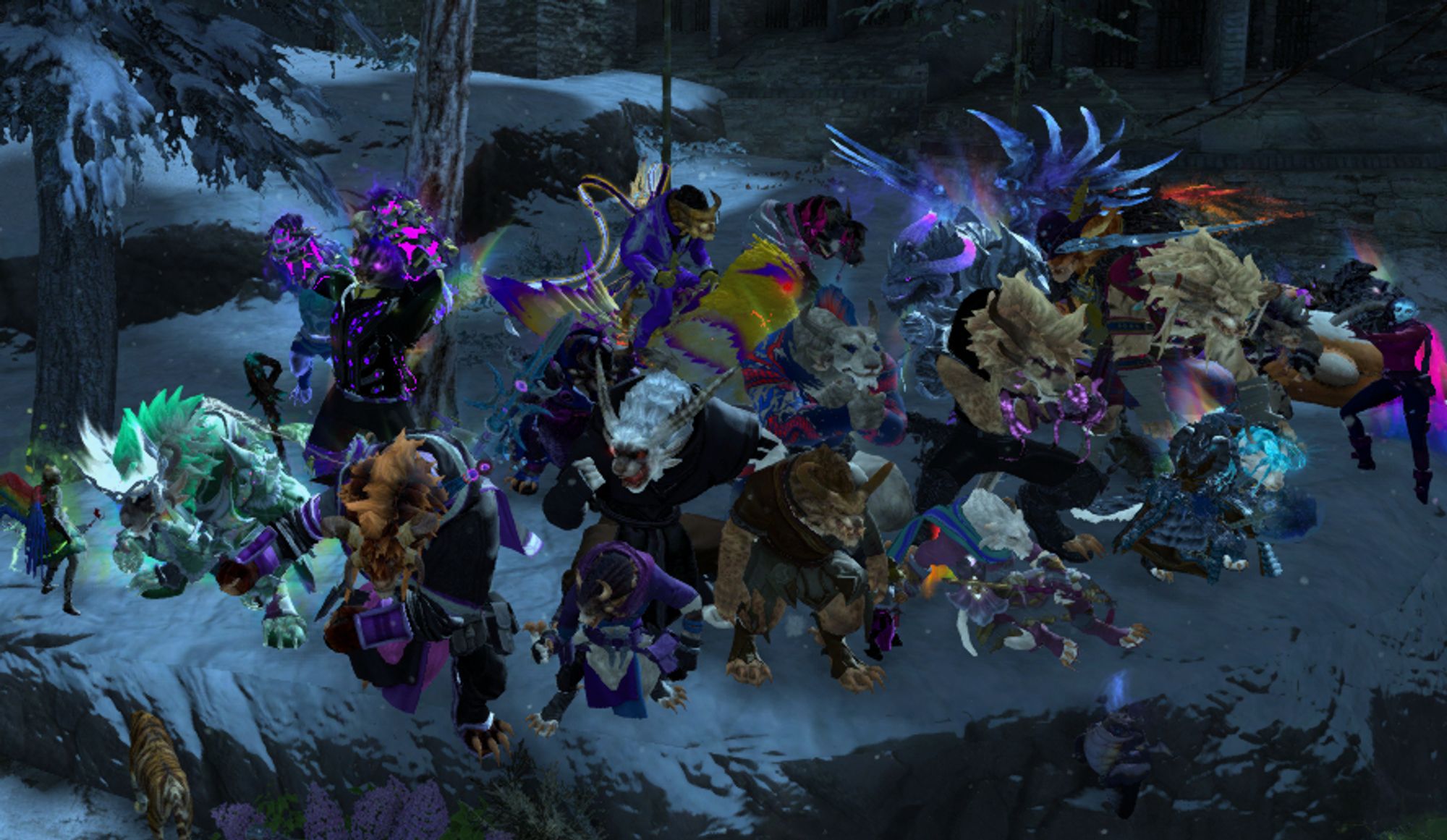 A Guild Wars 2 screenshot mostly Charr having a dance party while the Tyria Pride March takes a short break.