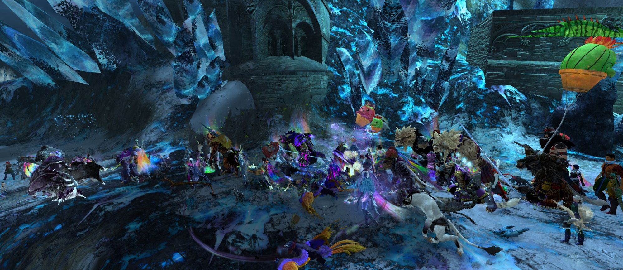 A Guild Wars 2 screenshot of the Tyria Pride March trekking through a region of the Shiverpeaks covered in corrupted ice crystals.