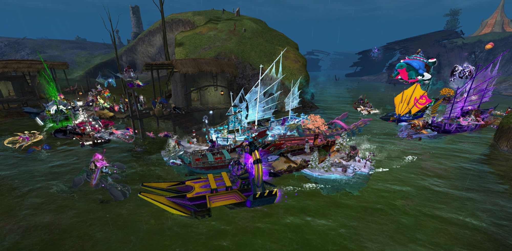 A Guild Wars 2 screenshot of the Tyria Pride March crossing a section of the lake in Kessex Hills on Pride coloured boats.