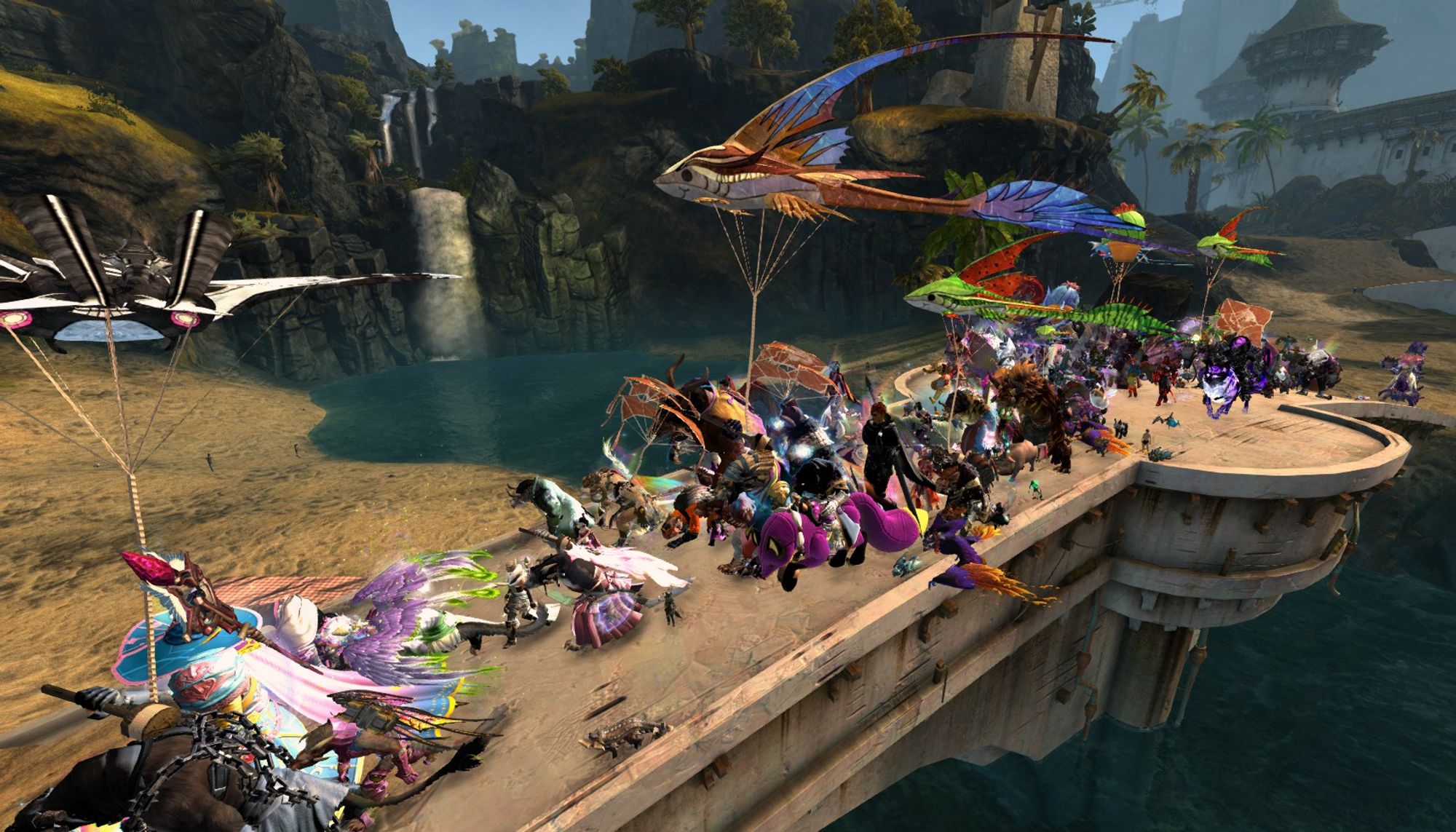 A Guild Wars 2 screenshot of the Tyria Pride March going across a bridge in Lion's Arch.