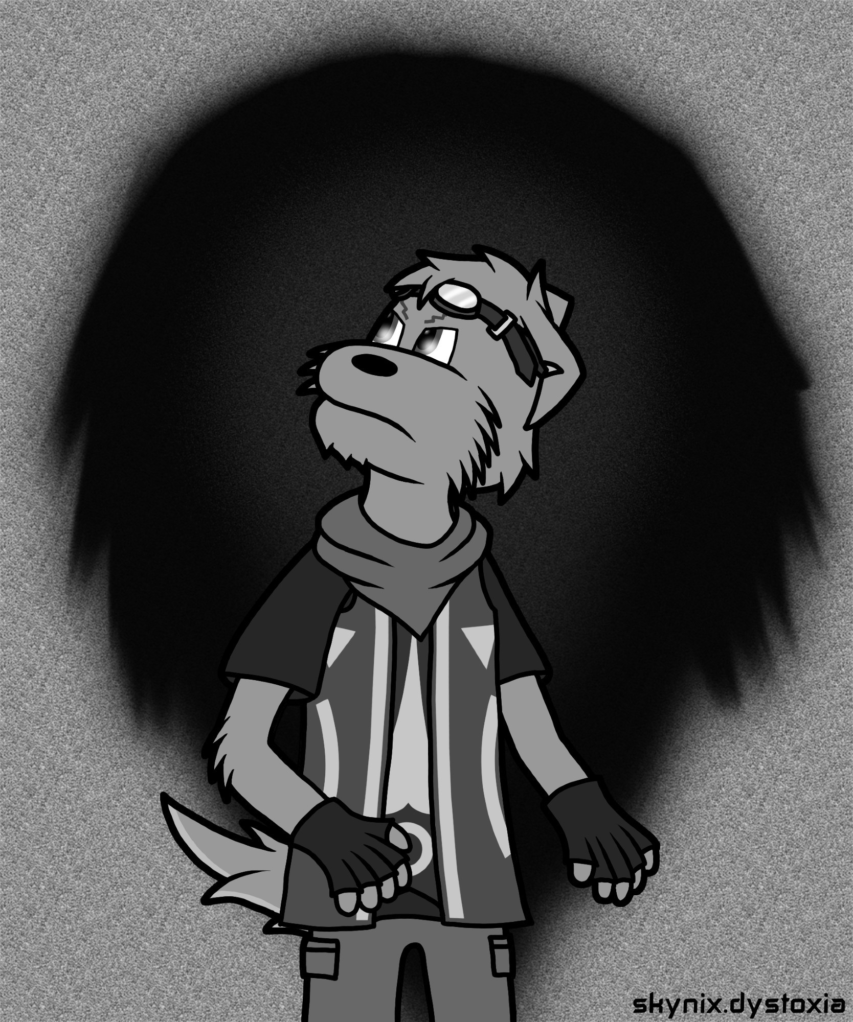 A greyscale half-body drawing of an anthropomorphic character with wing-like ears and a fluffy tail. They are wearing goggles, a neck bandana, fingerless gloves, shirt, a vest with tron-like markings and trousers.

A big splodge of black/dark-greyish paint covers the centre of a light-grey static background.