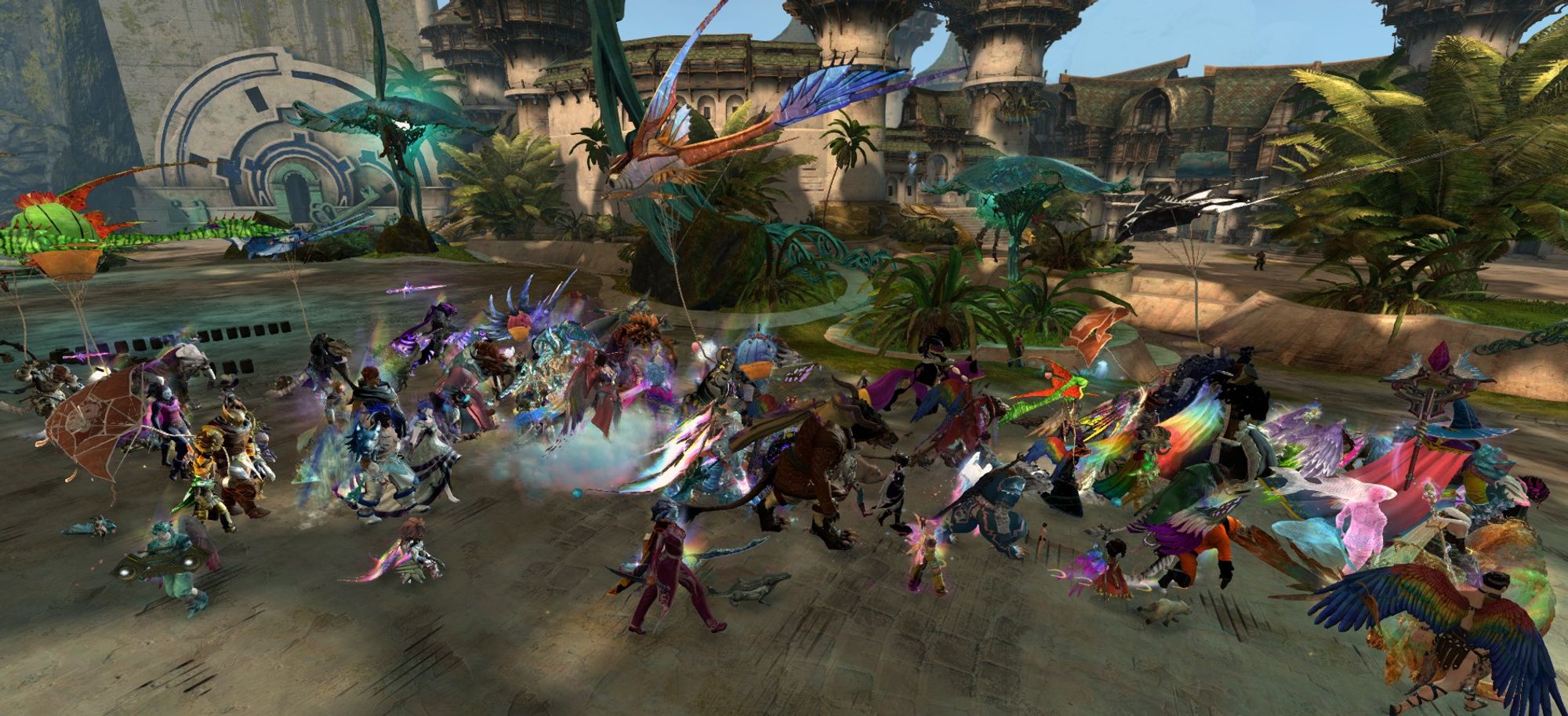 A Guild Wars 2 screenshot of the Tyria Pride March trekking through the coastal city of Lion's Arch.