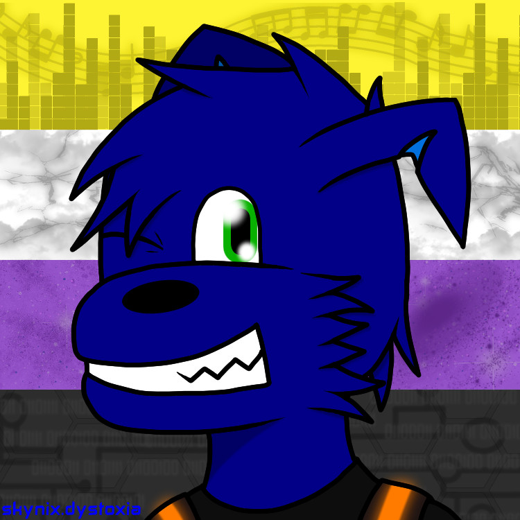 A headshot drawing of a blue anthropomorphic character with green eyes, wing-like ears and is wearing a black shirt and dark brown/orange vest. They are grinning and have one eye shut while the other looks towards to viewer.

In the background is the nonbinary flag, with each section containing faded themed patterns.

The yellow section has music notes and an equalizer, the white section has clouds and lightning, the purple section has stars and nebula, and the black/dark gray section has circuits, hexagons and coding.