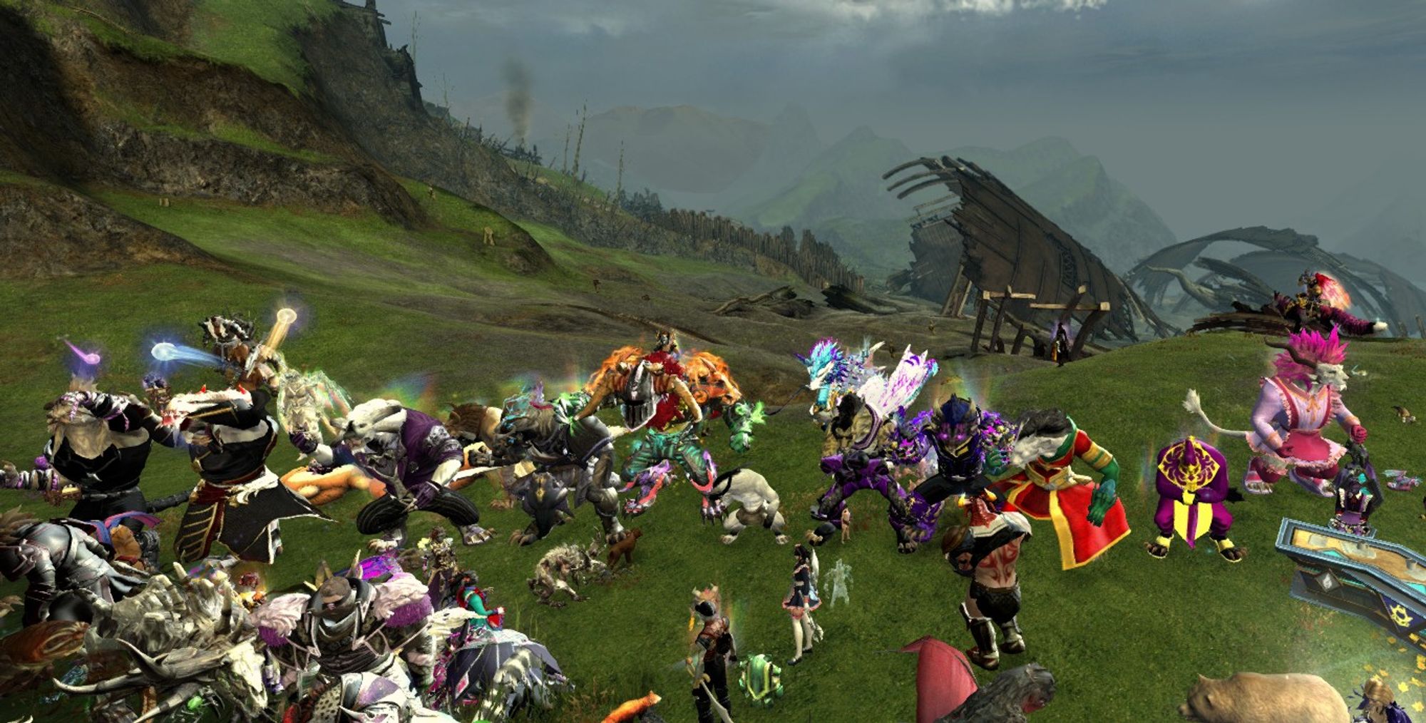 A Guild Wars 2 screenshot of mostly charr in a line doing their cultural dance (that is based on the Haka. a traditional Maori dance) during a break in the March. The ruins of a large tower are in the background.