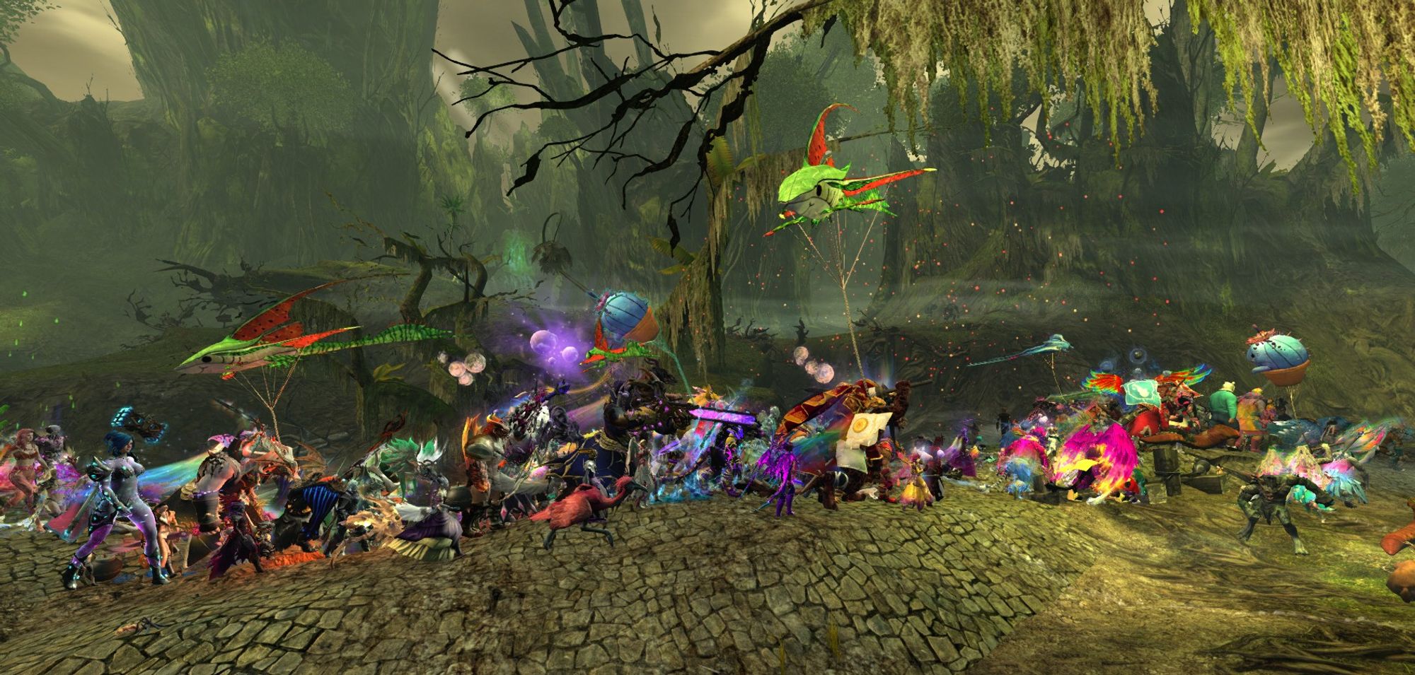 A Guild Wars 2 screenshot of the Tyria Pride March trekking through a swamp in the Caledon Forest.