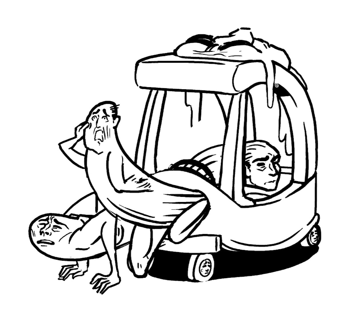 A comedic illustration by Julia LePetit for @drawfeeshow.bsky.social, depicting several men extruding themselves, tube-like, from a Fisher Price Cozy Coupe: one from each headlight, one from a steering wheel, one that's just a drippy face on the roof, and also there are faces in the wheels. It's one of the weirdest things I've ever watched someone draw on the Internet and you all need to look up the YouTube episode it came from. For real. Search "drawfee thomas characters" on YouTube, skip to the second half, and experience the horror of her co-hosts as she unveils her twisted vision one line at a time.