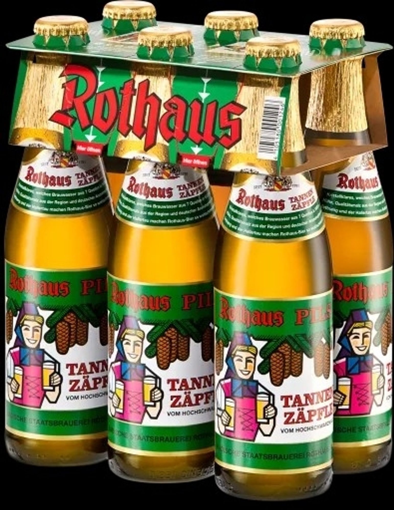 Ein Sechserpack Rothaus Tannenzäpfle Flaschen.
Es handelt sich um Bier aus dem Schwarzwald.