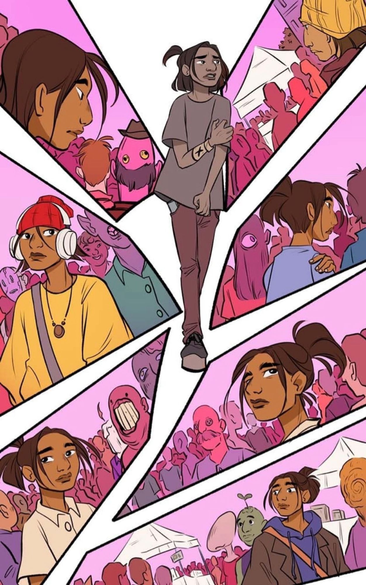 Panel from House of Slay Season 2 story, Mx. Nomer, with fragment glimpses of the main character Naomi. Art by Dominic Bustamante.