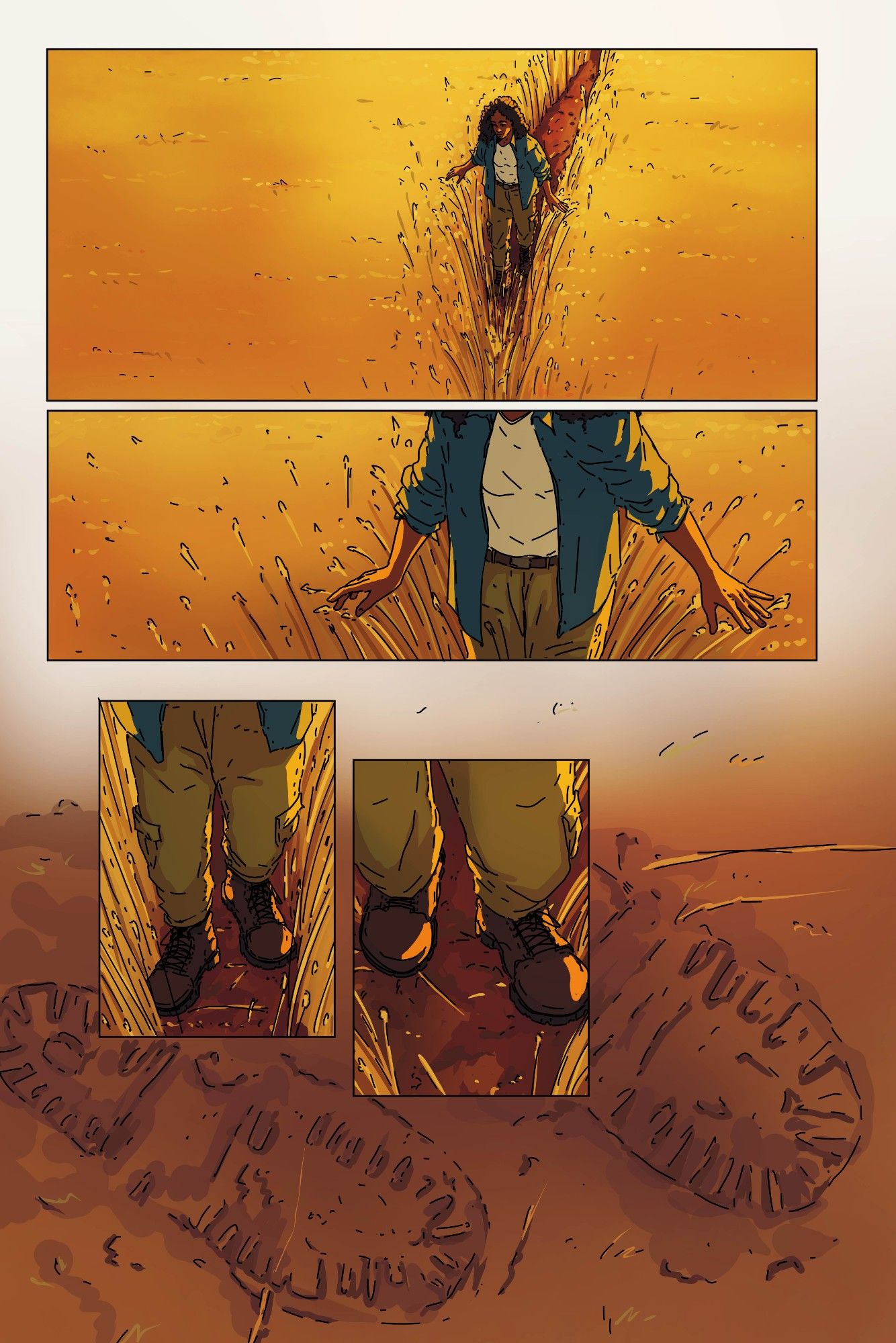 Page 1 from the Tell Them Of Us story, Sower's Requiem, with the main character Nela walking through a golden field of wheat and ending with her boot prints on the soil. Art by Amalas Rosa.