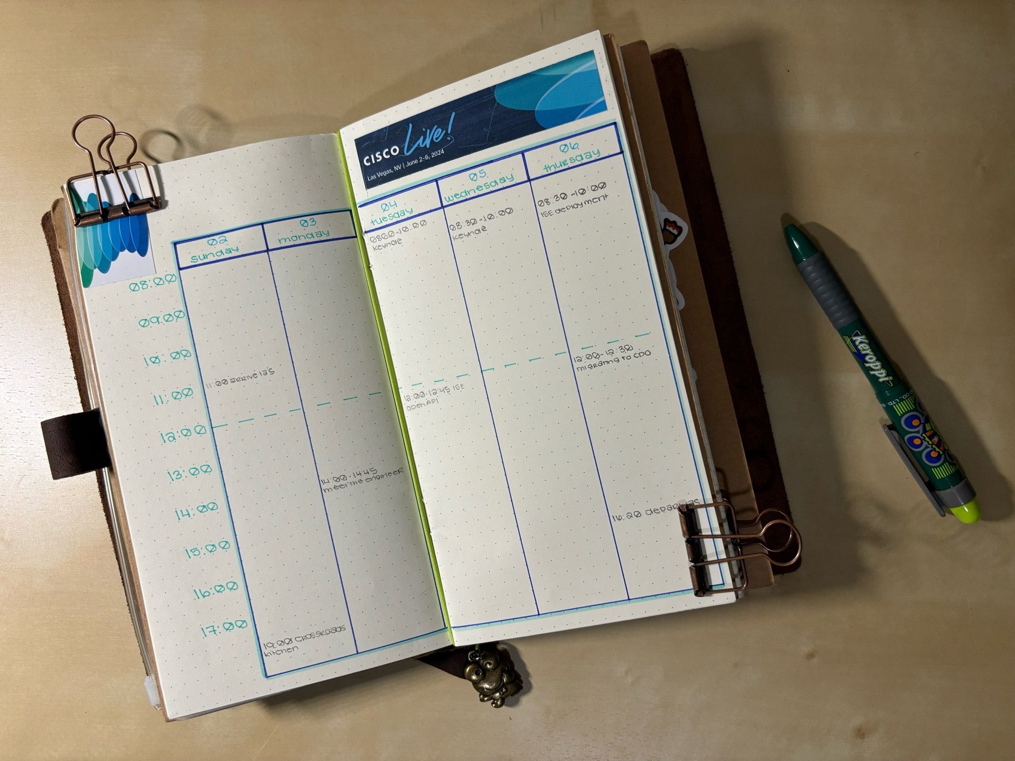 September Leather Standard Traveler’s Notebook open to a dot grid page with a Cisco Live week schedule with a Keroppi pen/pencil