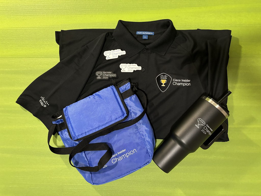 Cisco Insider Champion polo, stickers, lunch tote, and insulated straw cup