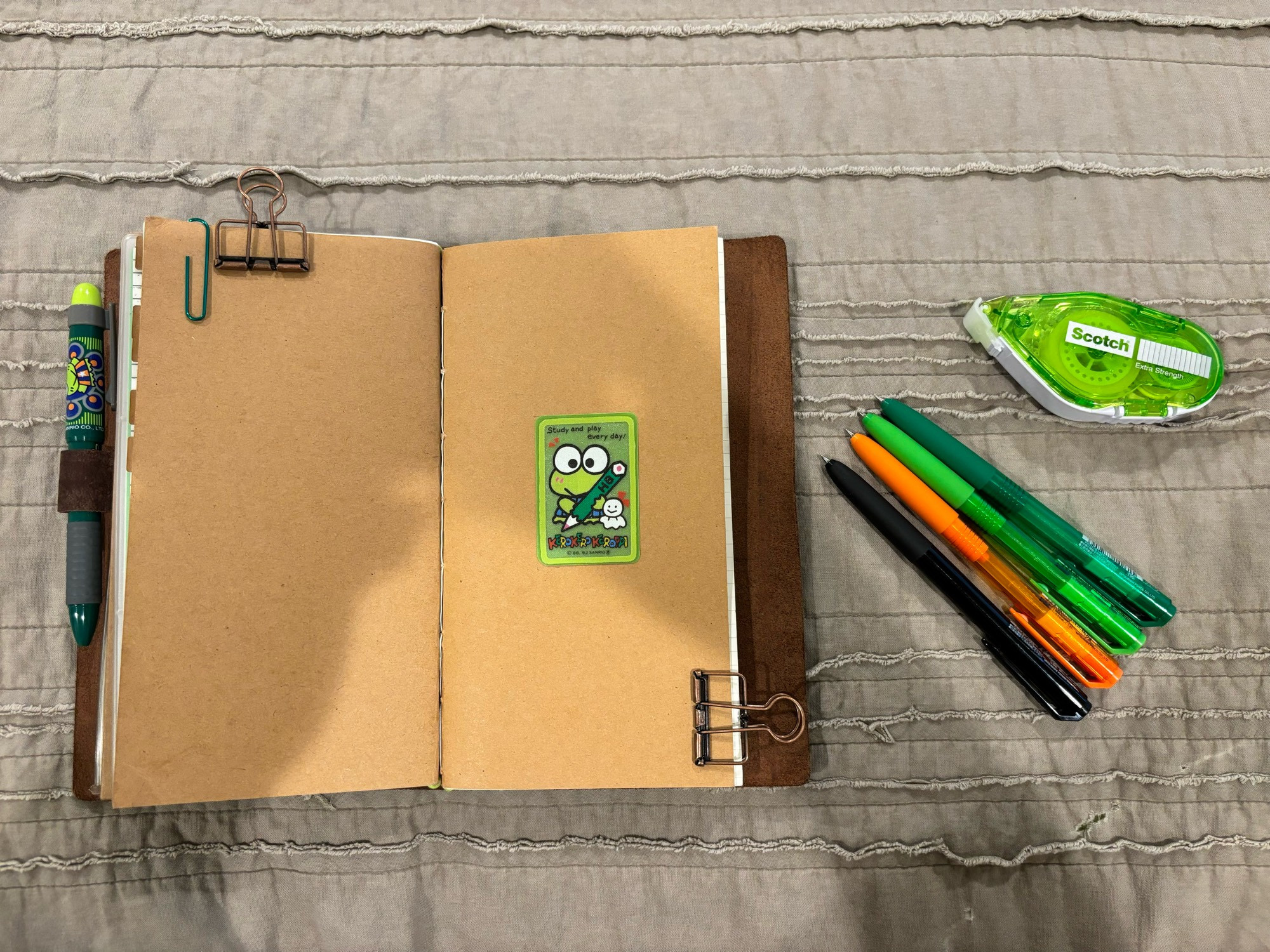 September Leather Standard Traveler’s Notebook with Kraft grid insert with Keroppi ‘Study and play every day!’ sticker on the cover