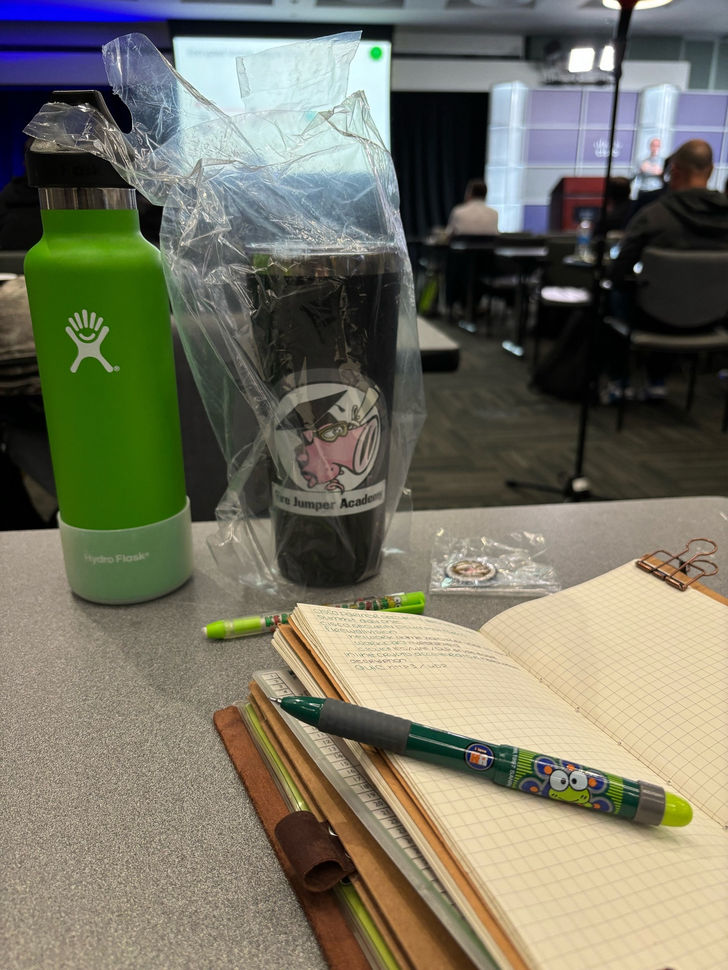 Kiwi green Hydroflask, Snort travel mug, Snirt magnet, September Leather Standard Traveler’s Notebook, and Keroppi pen/pencil