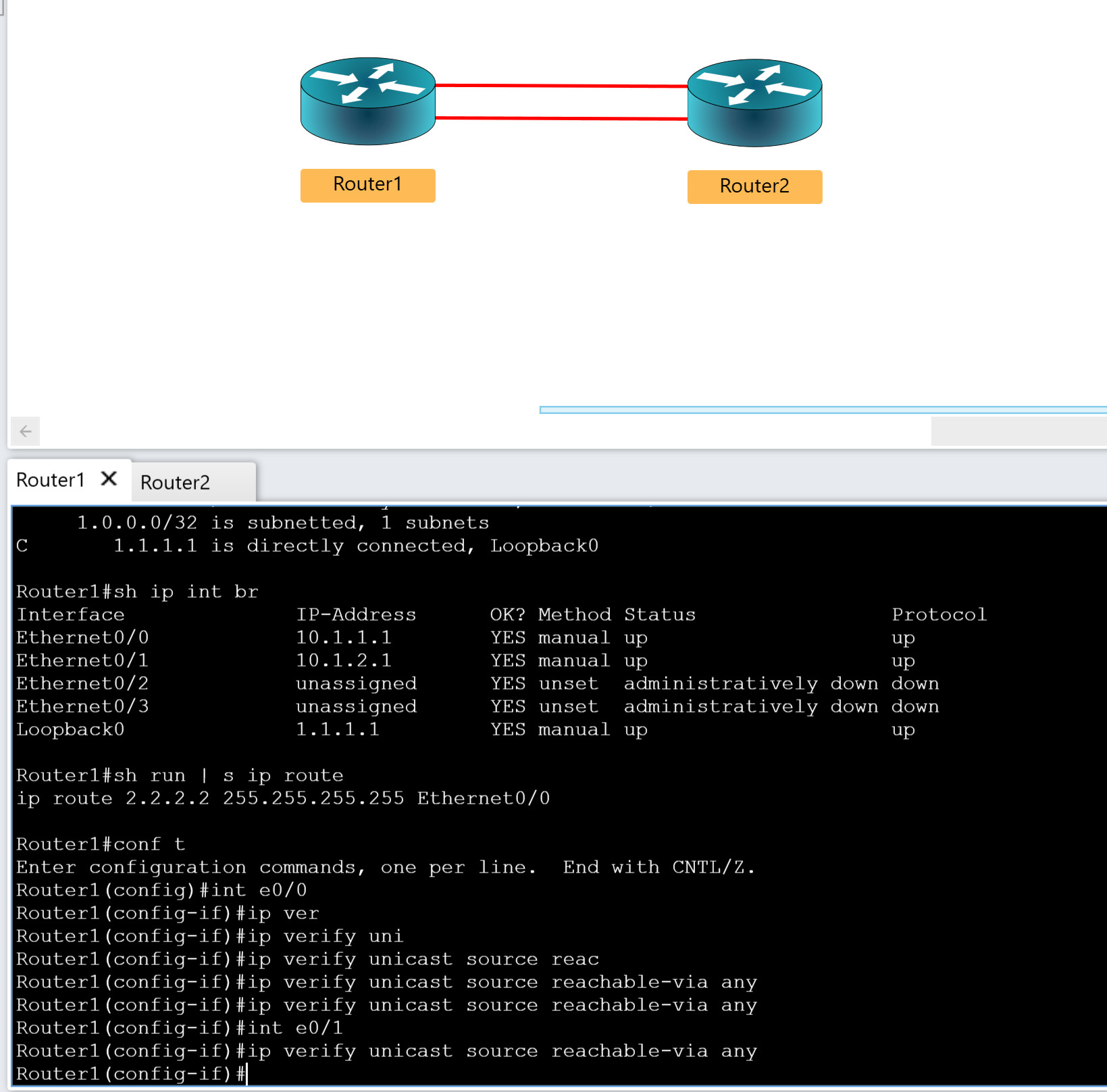 Topology with 2 routers with 2 connections between them and a Cisco IOS command line with Unicast Reverse Path Forwarding (uRPF) configured in Loose Mode