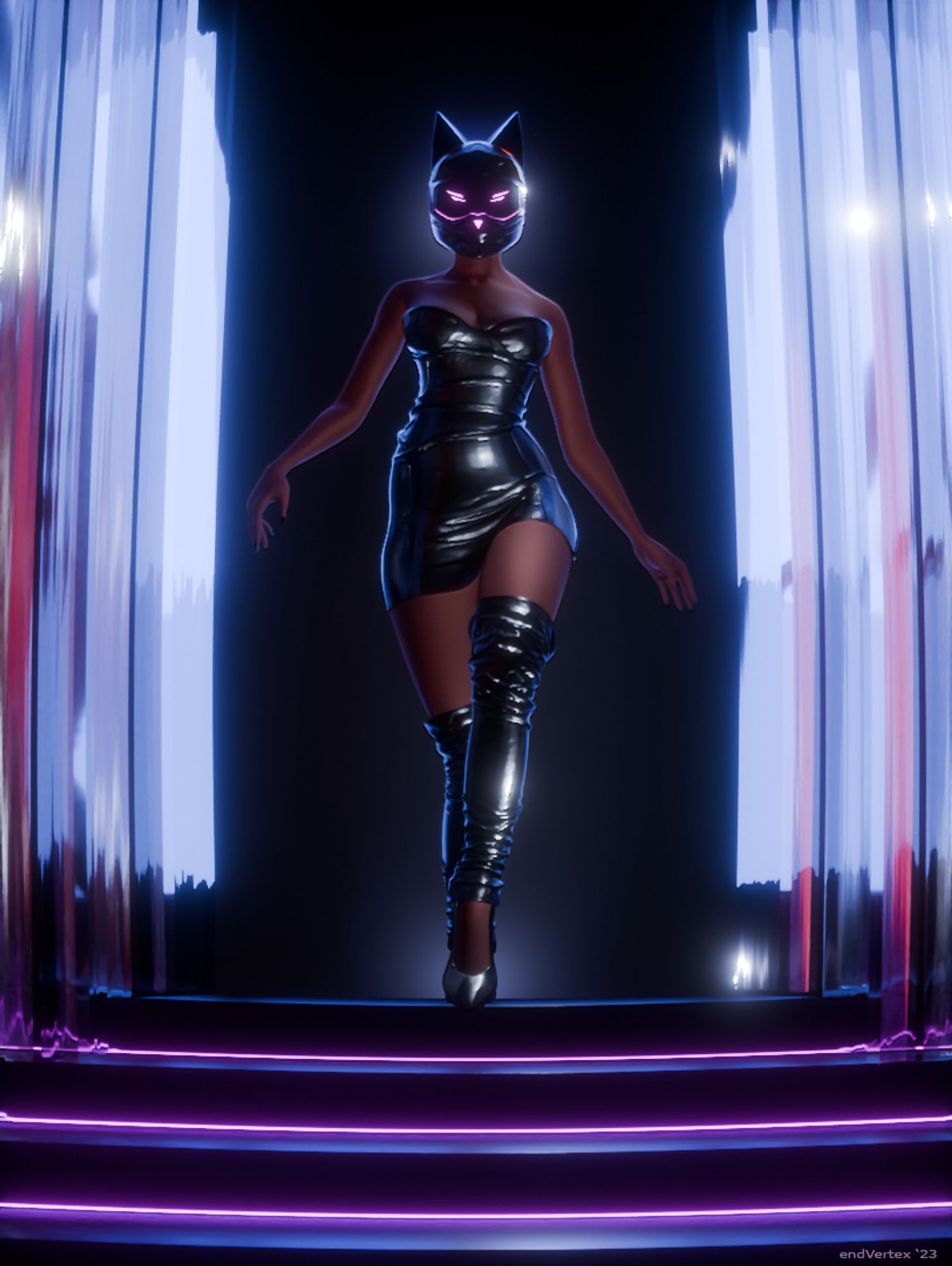 Woman in latex body con dress descends a staircase down a mirrored hall.  She's wearing a black helmet with cat ears and purple neon details.