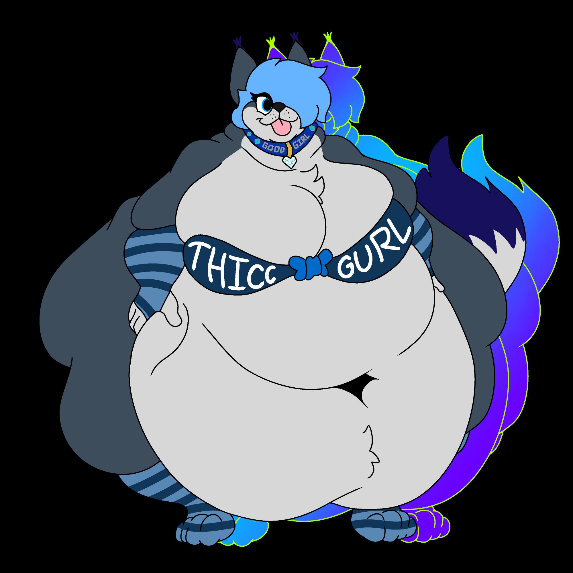 A very obese fox lynx hybrid with top saying "Thicc Gurl" and a collar saying "good girl"