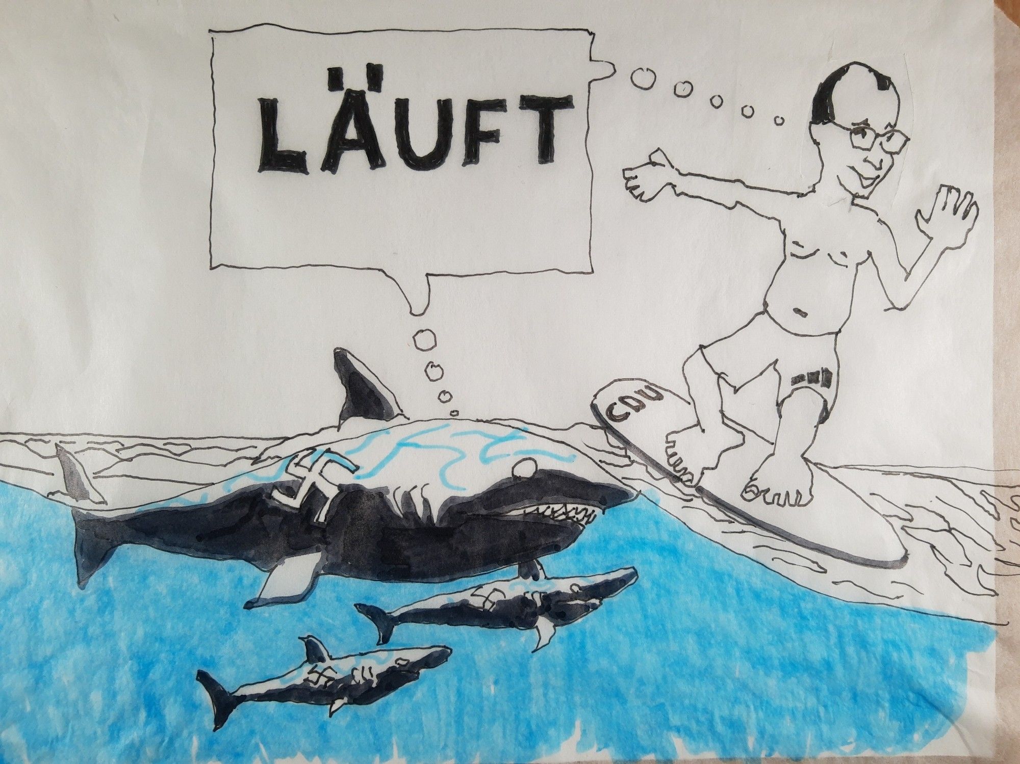 Zeichnung: Meeresspiege. Über Wasser Friedrich Merz surft Welle. Unter Wasser Haie mit Hakenkreuz erzeugen Welle und folgen ihr. Alle denken: "Läuft"