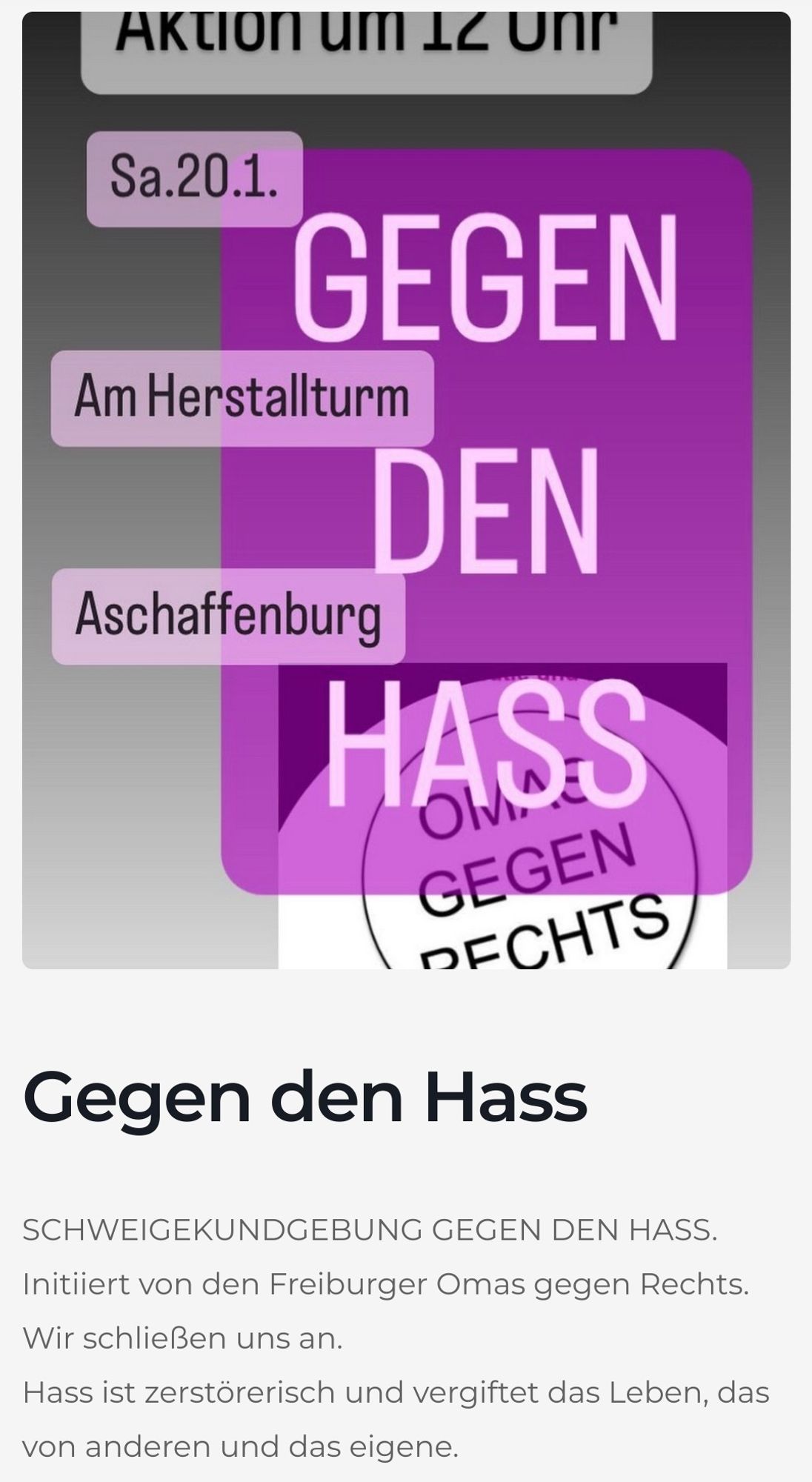 Aschaffenburg, Samstag 12 Uhr, am Herstallturm:
DemoGegenRechts 
GegenDenHass
OmasGegenRechts