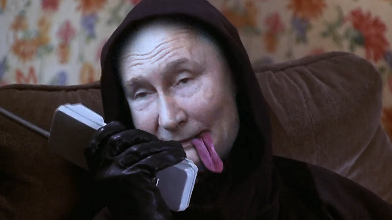 Stoned-looking Putin talking on a cordless phone, tongue lolling from the side of his mouth, wearing Ghostface cloak and glove in the weed-smoking scene from ‘Scary Movie’