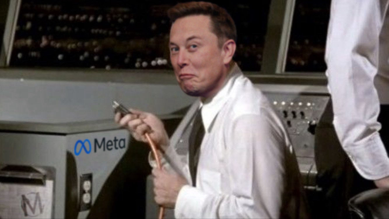 Elon Musk as Johnny from ‘Airplane’, with a naughty expression as he pulls out a plug from a console marked with the Meta logo