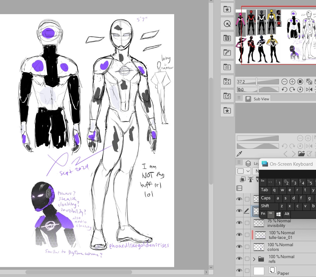 A screenshot of a drawing program showing a sketch with blotches of color -- A Radiant Black style character with a purple costume and stealth powers!