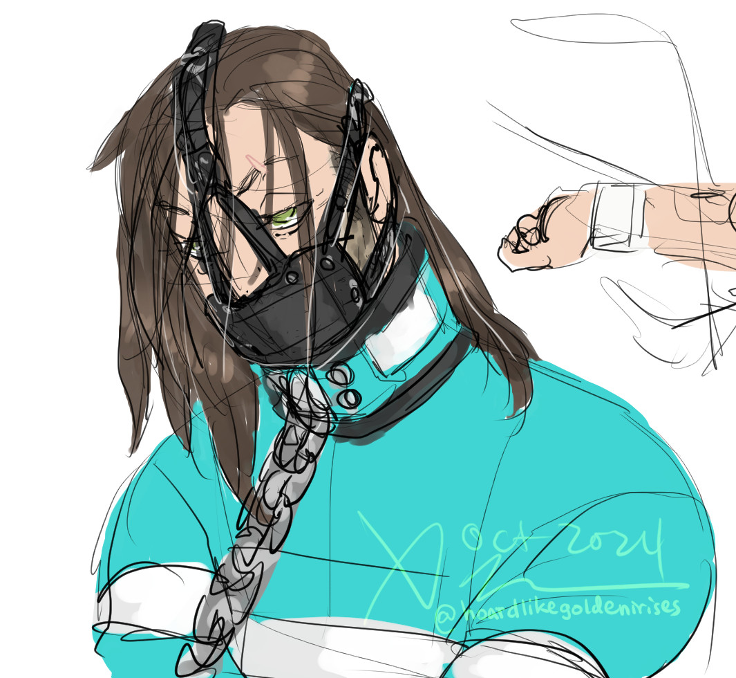 TJ Masterson aka REfactor bound up in neon turquoise prisoner's or other jumpsuit, with a heavy duty chained collar and a black leather medical muzzle strapped around his head. His hair is shoulder-length and loose, falling partially into his face as he looks up with a dull but angry expression. Under his muzzle he has some stubble.