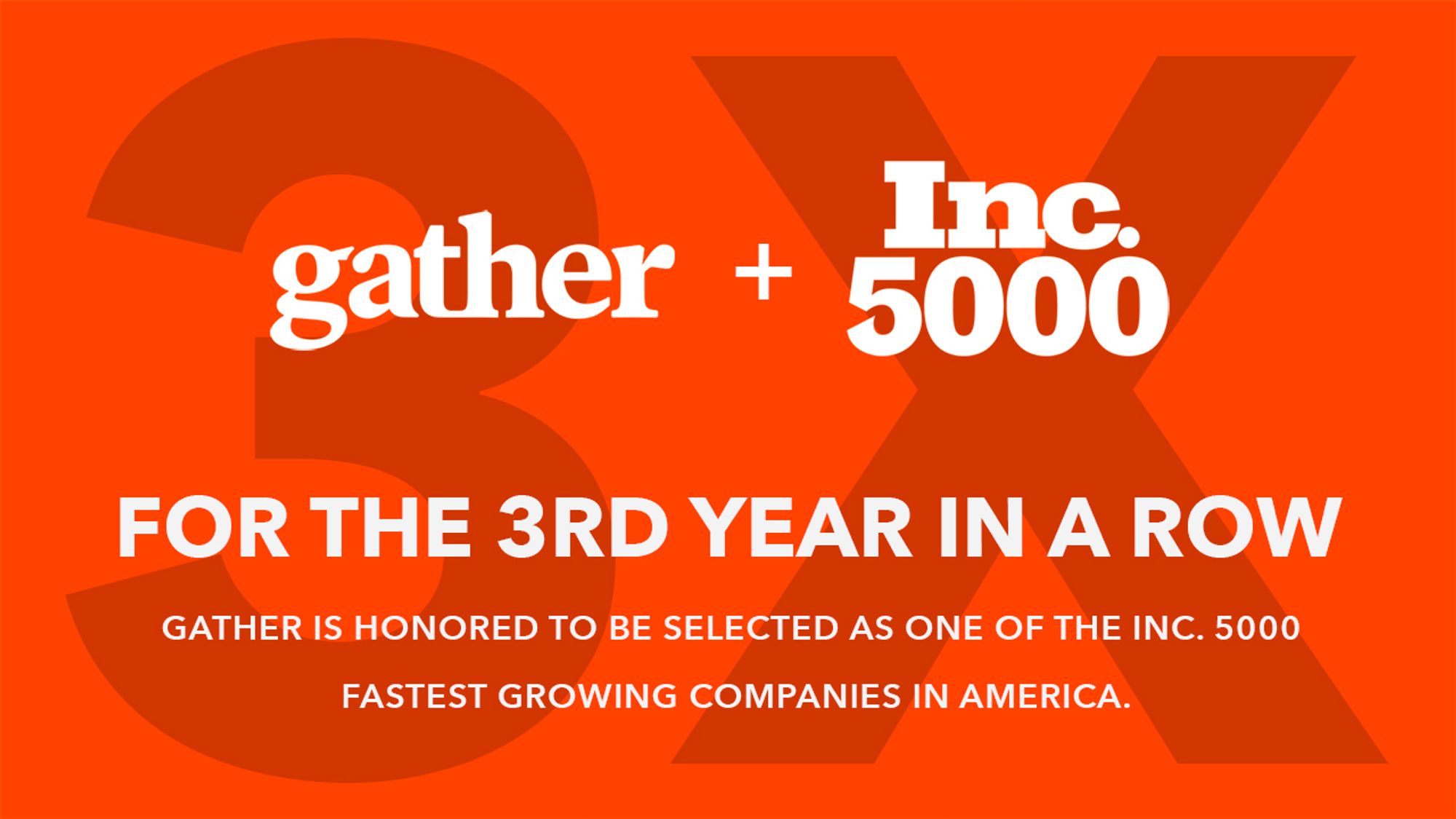 text graphic saaying "for the third year in a row gather is honored to be selected as one of the INC 5000 fastest growing companies in America."