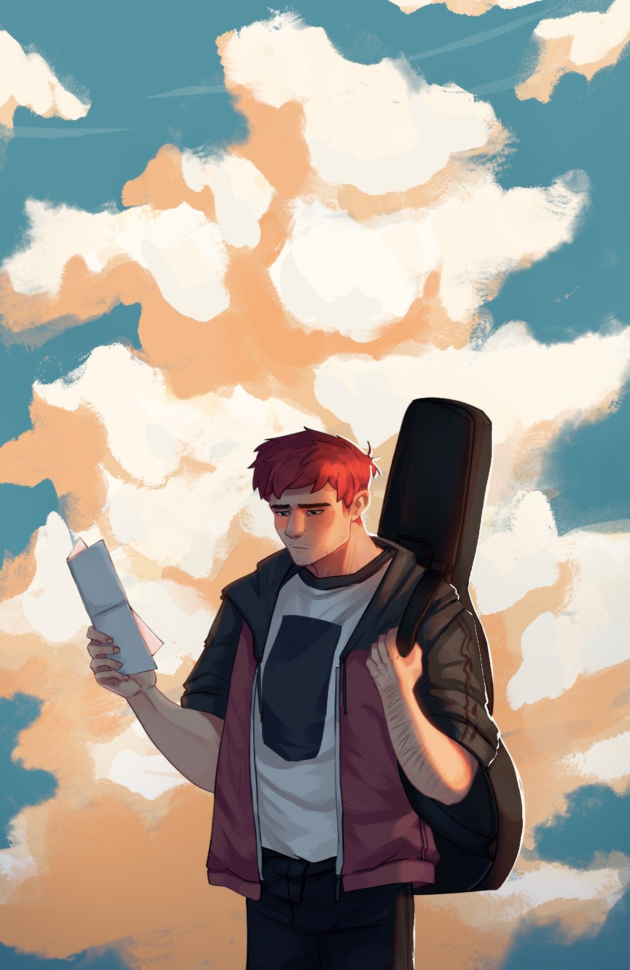 It's a drawing of the OC Clyde Baker. In one hand he is holding a piece of paper. He looks frowning into it's direction. On his back is a case for a guitar. The background shows a huge orange-yellowish tinted cloud.