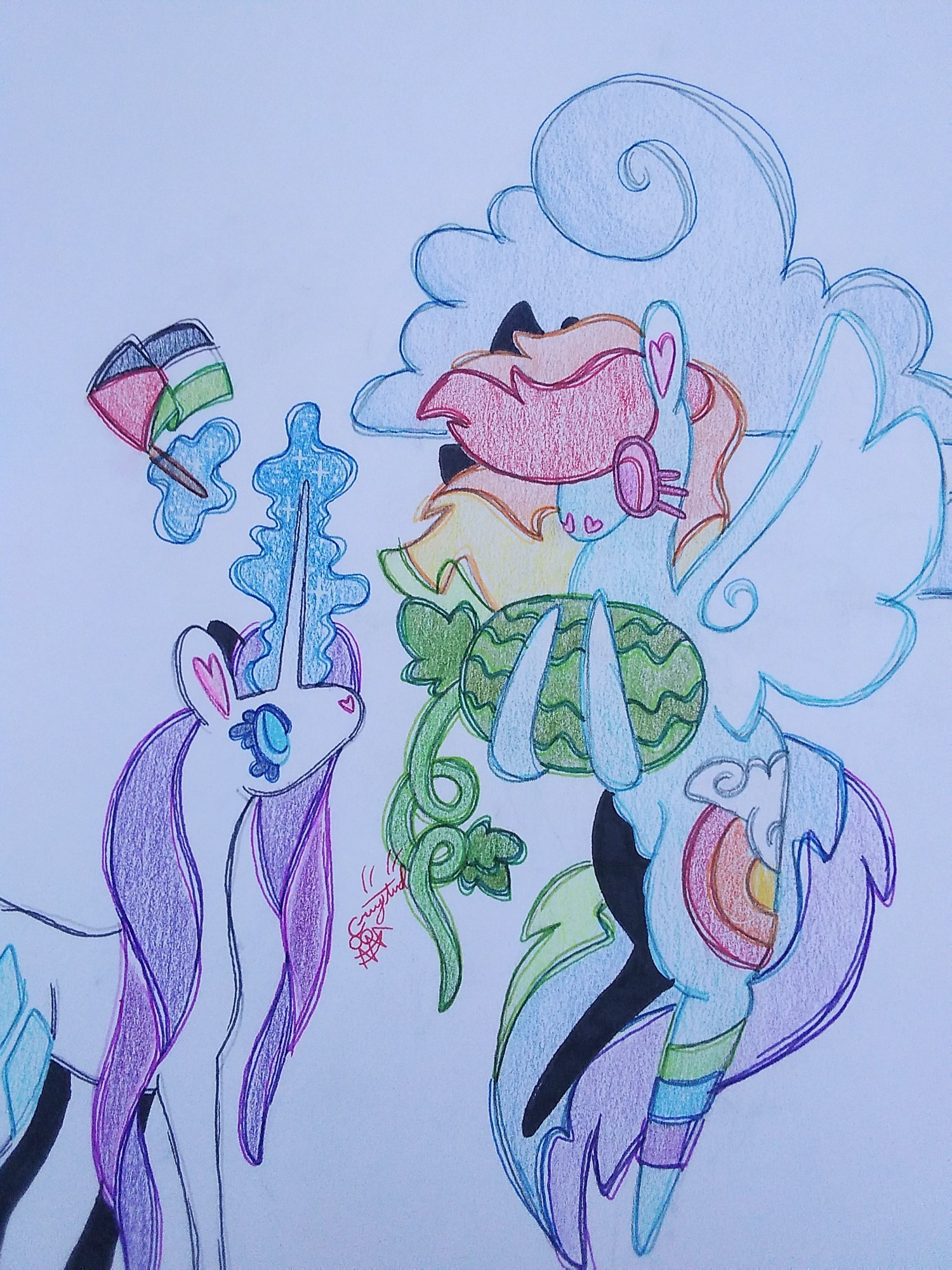 a colored pencil illustration of rarity and rainbow dash from my little pony. rarity is holding a small palestinian flag & rainbow dash is holding a watermelon.