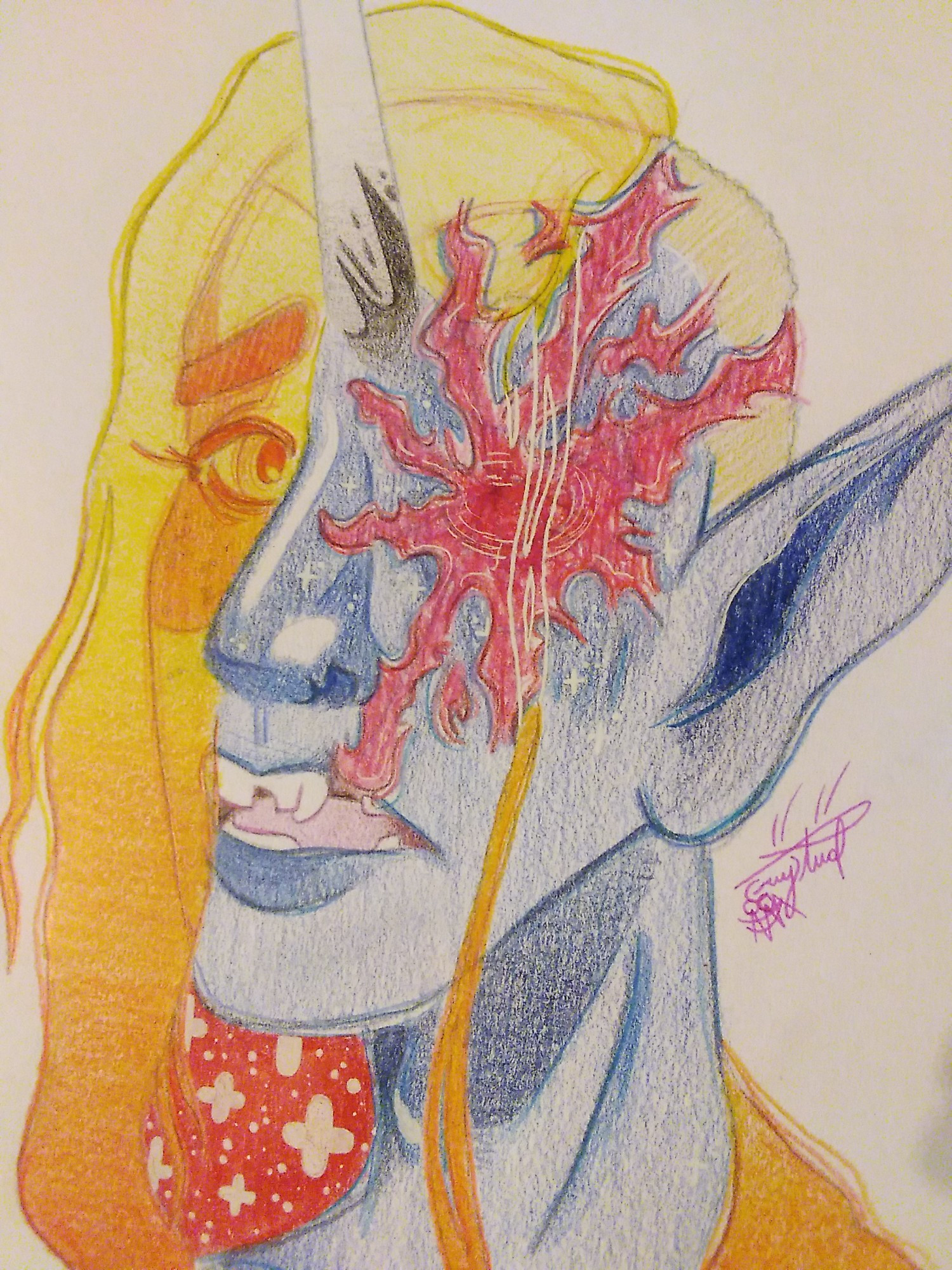 a colored pencil portrait of my dnd character after receiving an extreme wound. he has light blue skin, white freckles, long, straight, see-through hair that fades from yellow at the root to orange at the ends, and a large, fresh scar covering what used to be his right eye