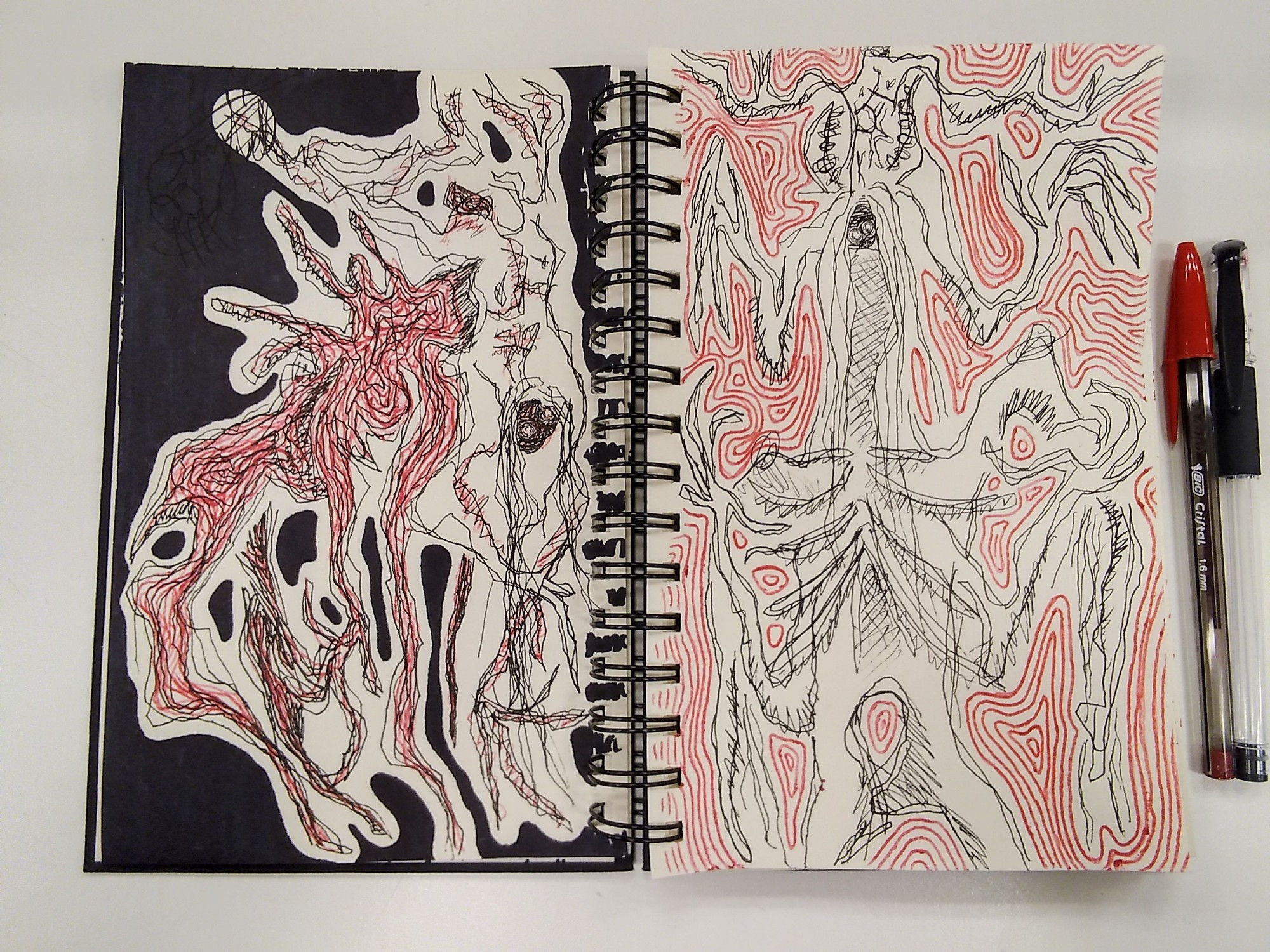 a two page sketchbook spread of the moder from the movie 'the ritual' done in black and red ink