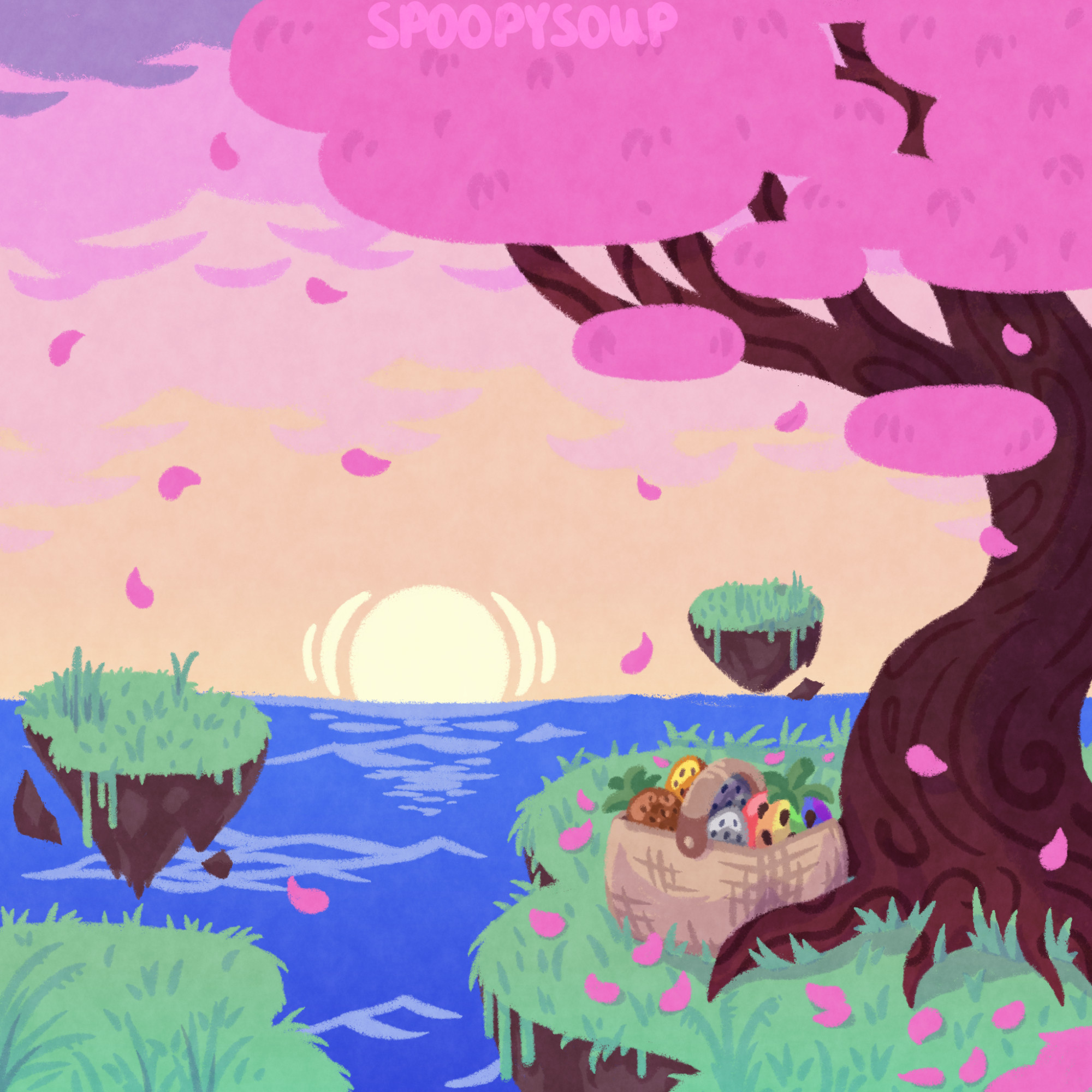 A lineless drawing of green, grassy floating islands. One of them has a large cherry tree on one side that frames a sunset over water, the tree dropping pink petals all over. There is a basket of multicolored strawberries nestled into the surface roots of the tree.