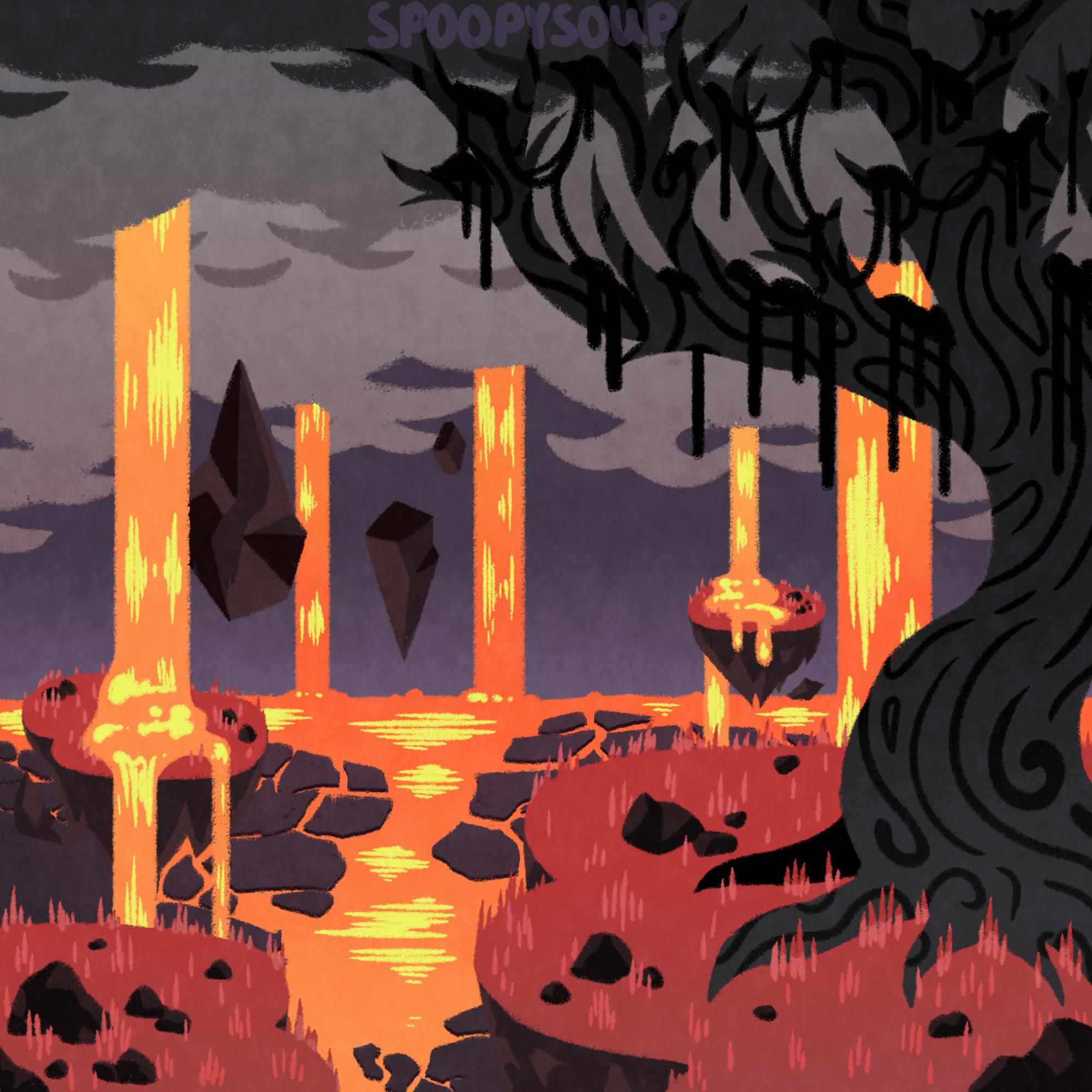 A lineless drawing of red, grassy floating islands. One of them has a large burnt tree on one side that drips with black goo, the dark grays contrasted with the orange lava. There are dark rocks and lava flowing from the dust clouds above, pouring on to the islands then to the lava sea below.