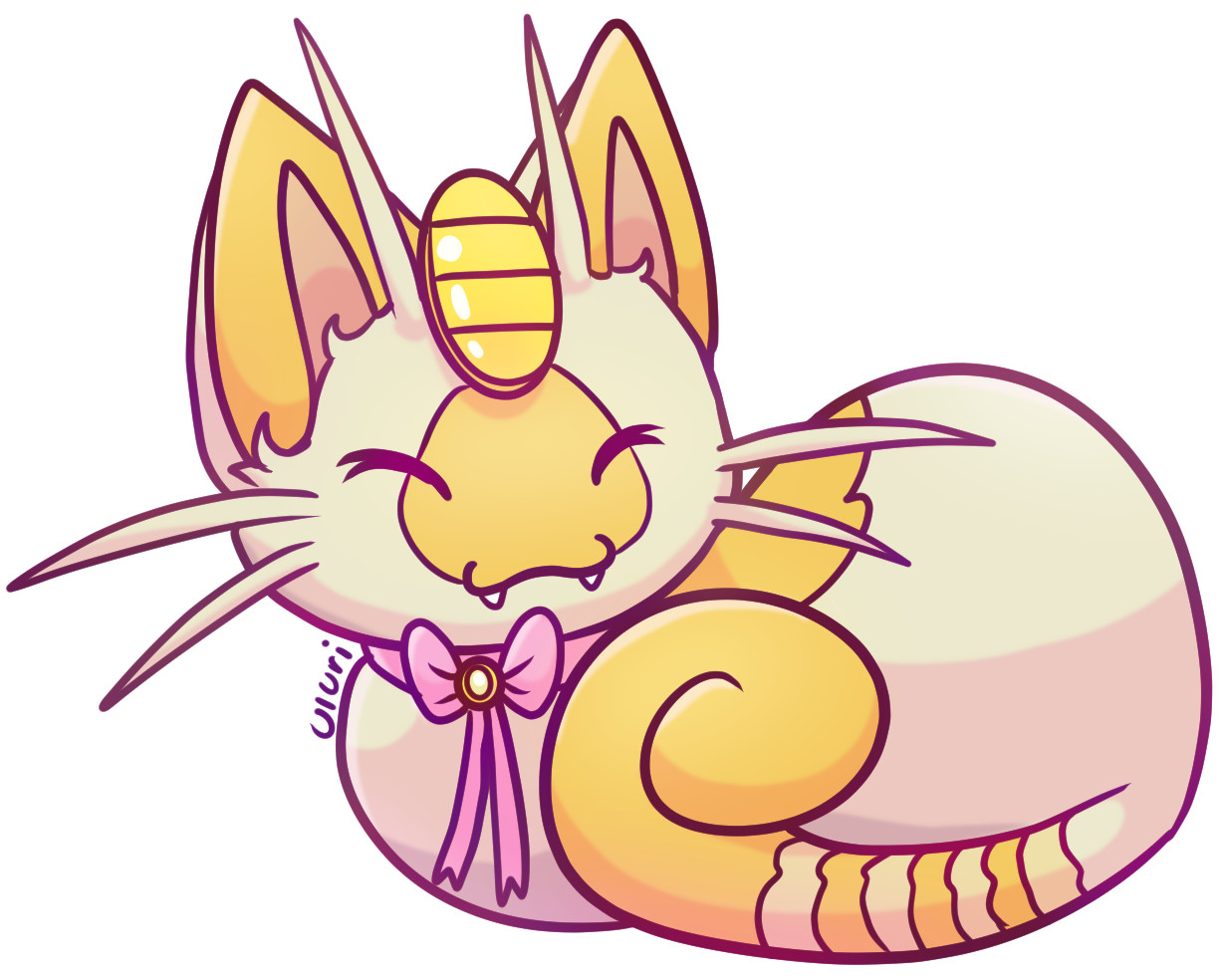 a Meowth wearing a bow, instead of brown, it has Yellow markings. This cat is in Loaf Position.