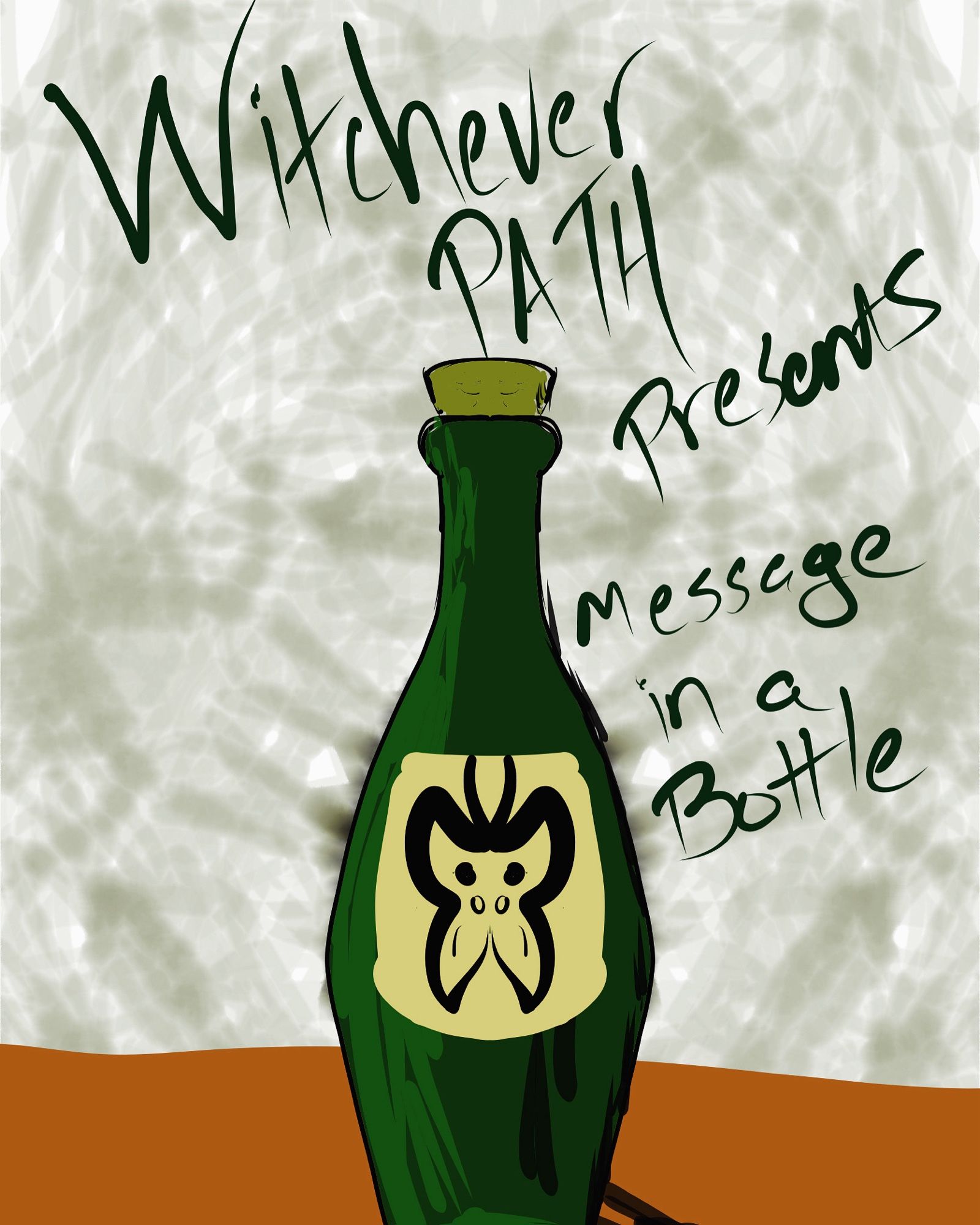 A green wine bottle with a cork sitting on a table. The label has a moth. The text reads “whichever path presents message in a bottle.”