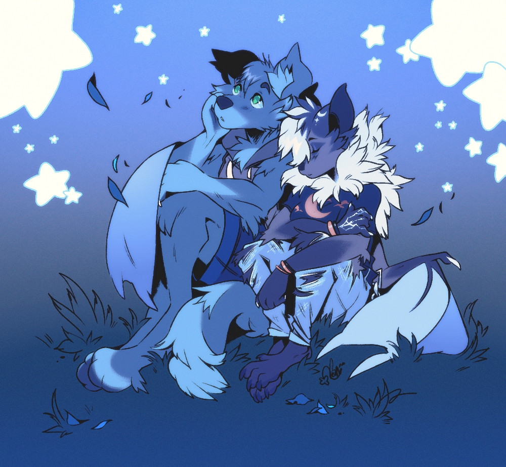 Rashall the wolf and Selene the bat sitting on a grassy hill at night. Selene  is sleeping with her head against Rash's shoulder and he's gazing up at the stars.
