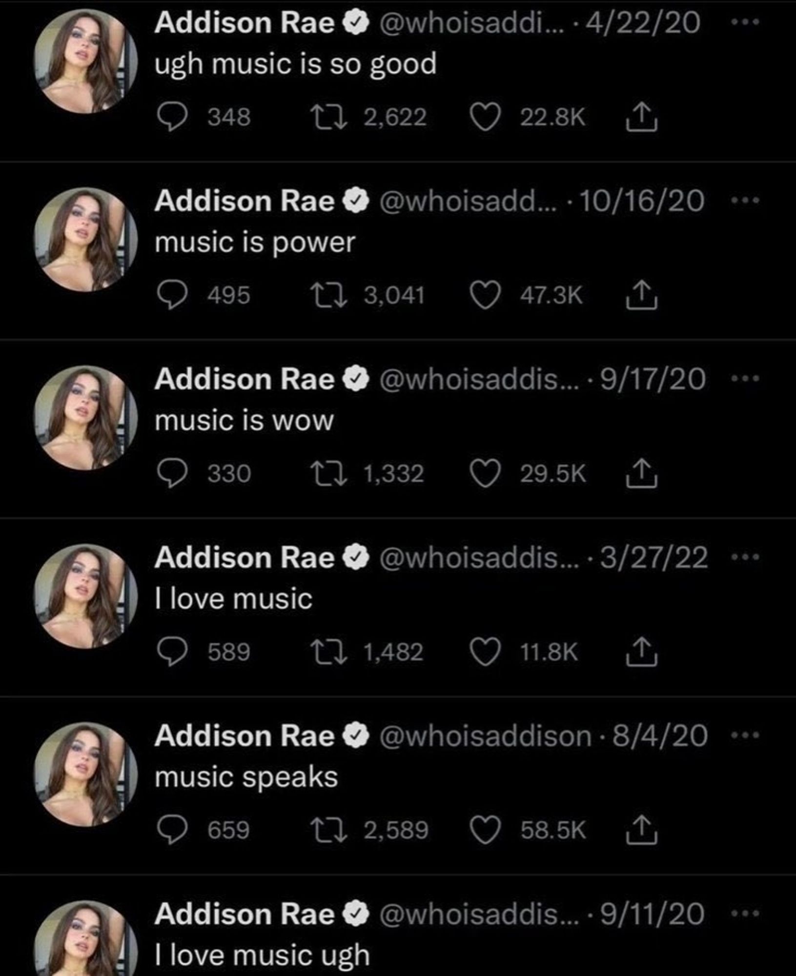 A series of about half a dozen Addison Rae tweets all saying some iteration of "I love music"