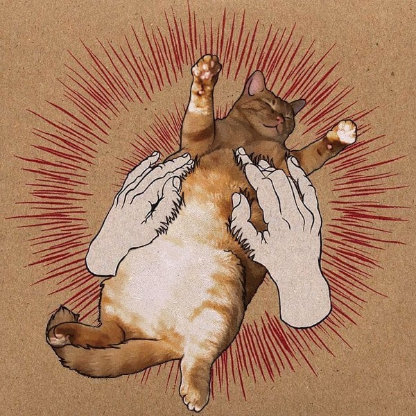 a parody of the album cover for Godspeed You! Black Emperor's 2000 album "Lift Your Skinny Fists Like Antennas To Heaven" where the usual hands are front & center but they're petting a fuzzy little kitty who's laying on their back with their eyes closed in absolute bliss