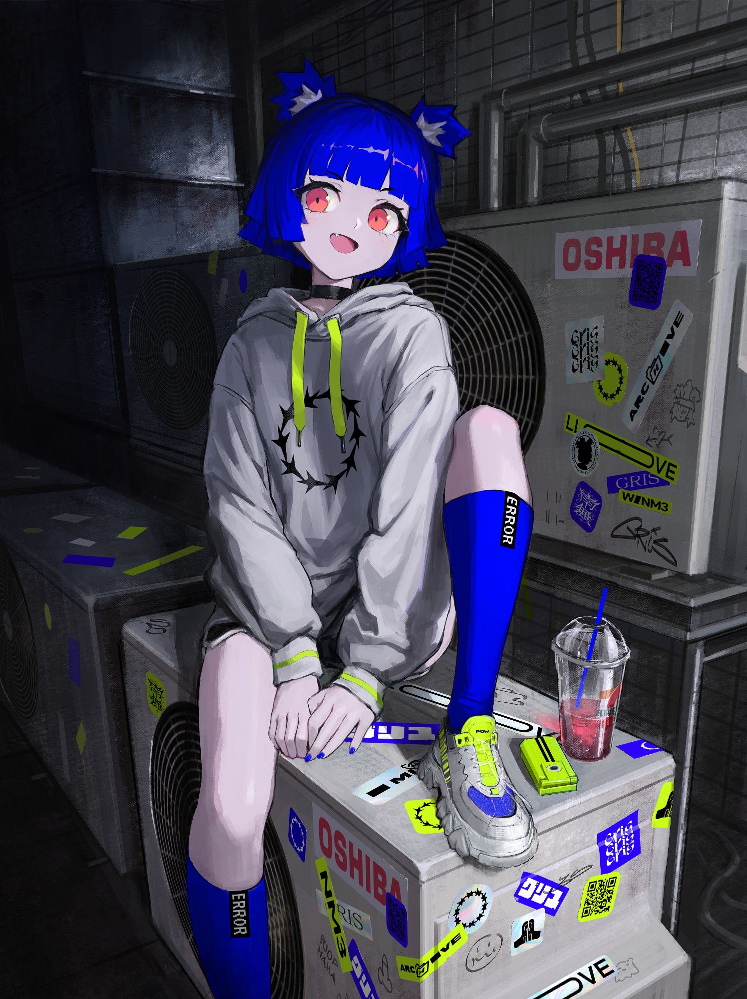 Gris from my manga Go! Go! Gris! sitting in a back alley on AC units that are covered with stickers of different sizes and colors.