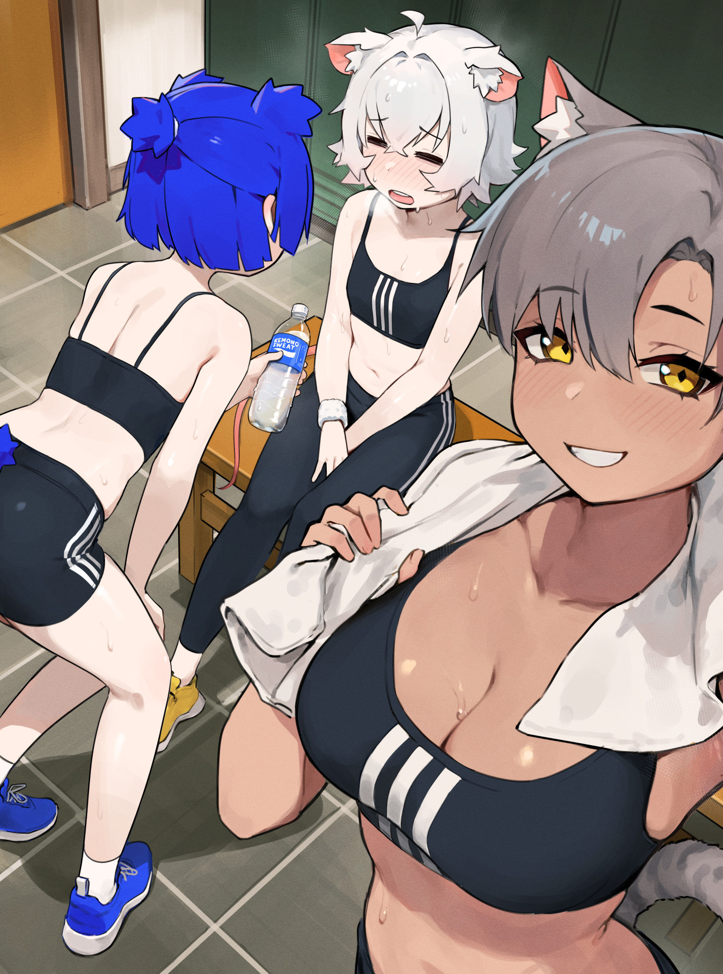 A group picture of my oc Gris, Perl and Kara. Set in a locker room they seem to just have finished training. Perl, a white haired rat Girl seems exhausted as Gris, a blue haired bear girl is handing her something to drink. Kara, a silver haired, tanned cat girl is in the foreground and is the one taking the picture, sporting a big grin.