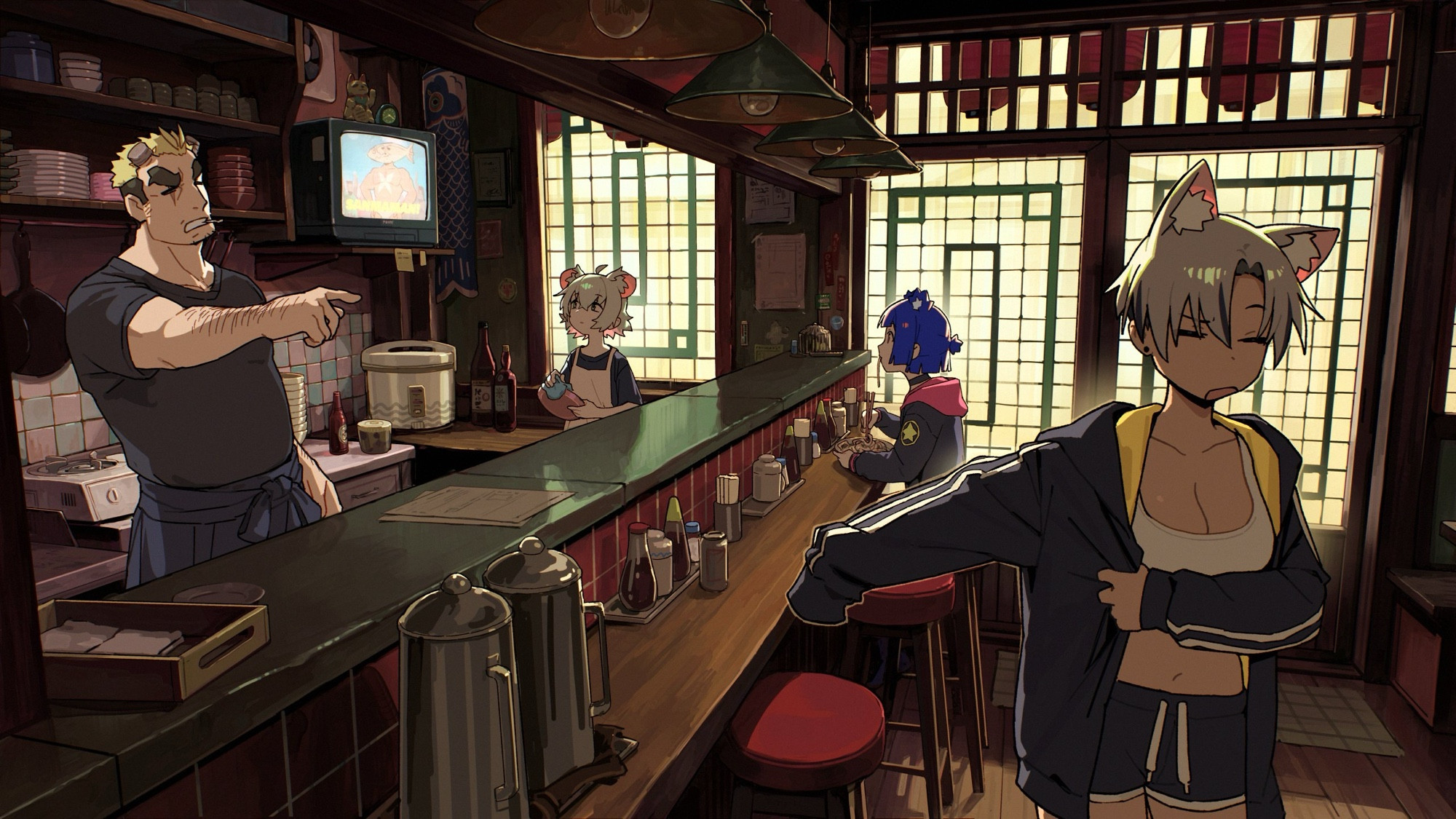 Interior shot of a restaurant with 4 characters, Gris, Kara, Boss and Perl in it.